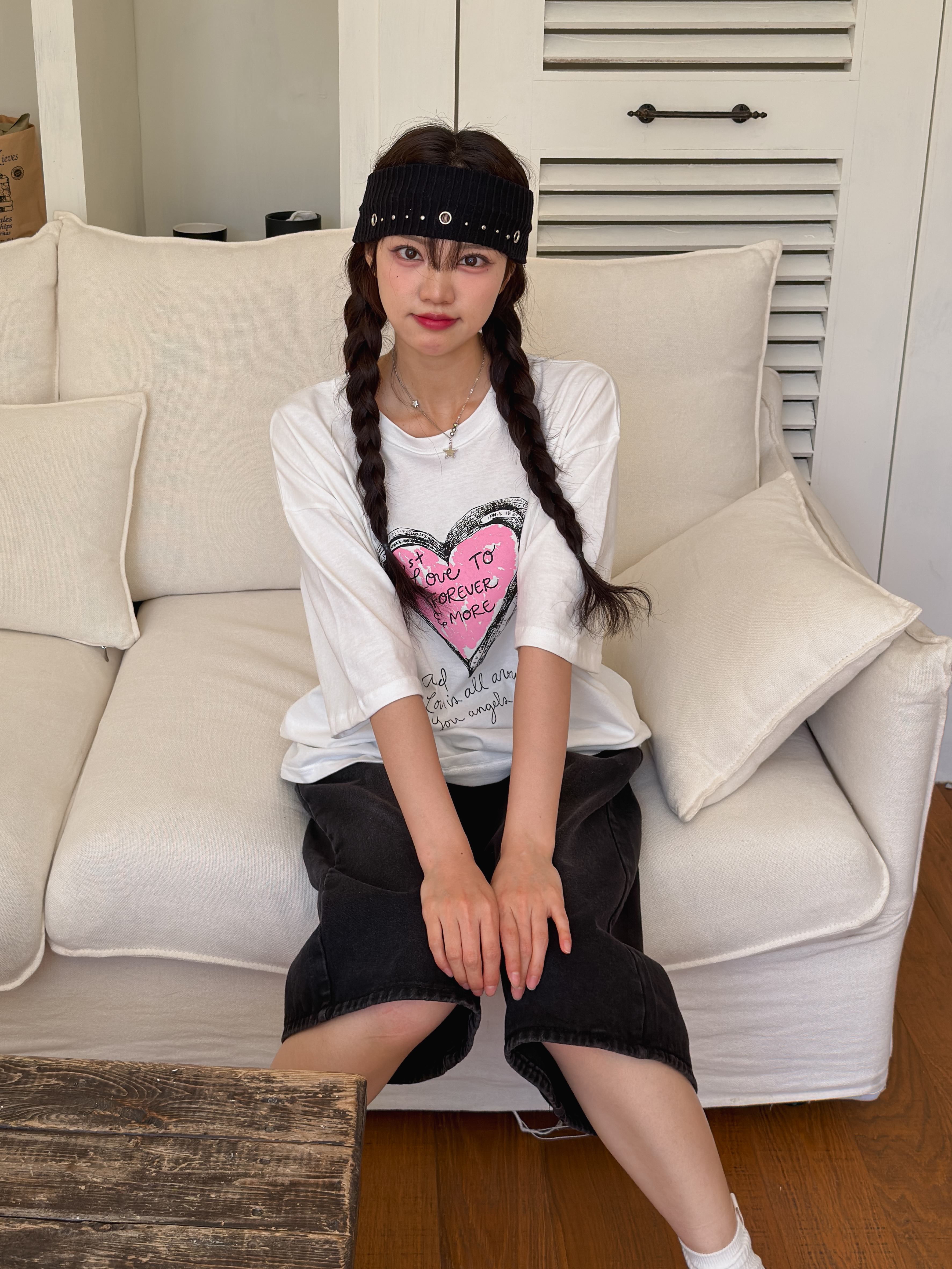 コットンラウンドネックオーバーサイズルーズ半袖ドロップショルダーレタリングプリントTシャツ | 詳細画像8