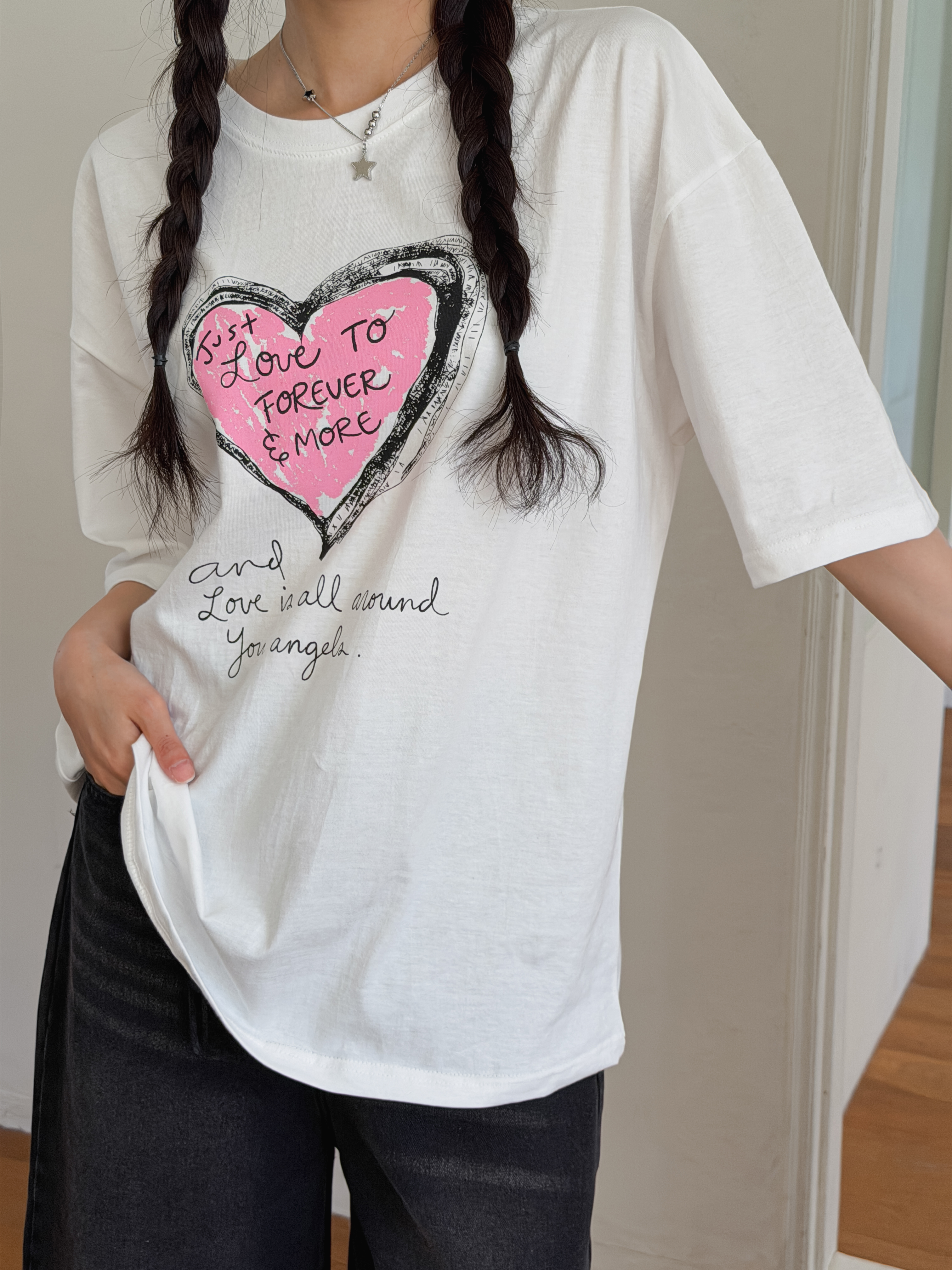 コットンラウンドネックオーバーサイズルーズ半袖ドロップショルダーレタリングプリントTシャツ | 詳細画像6