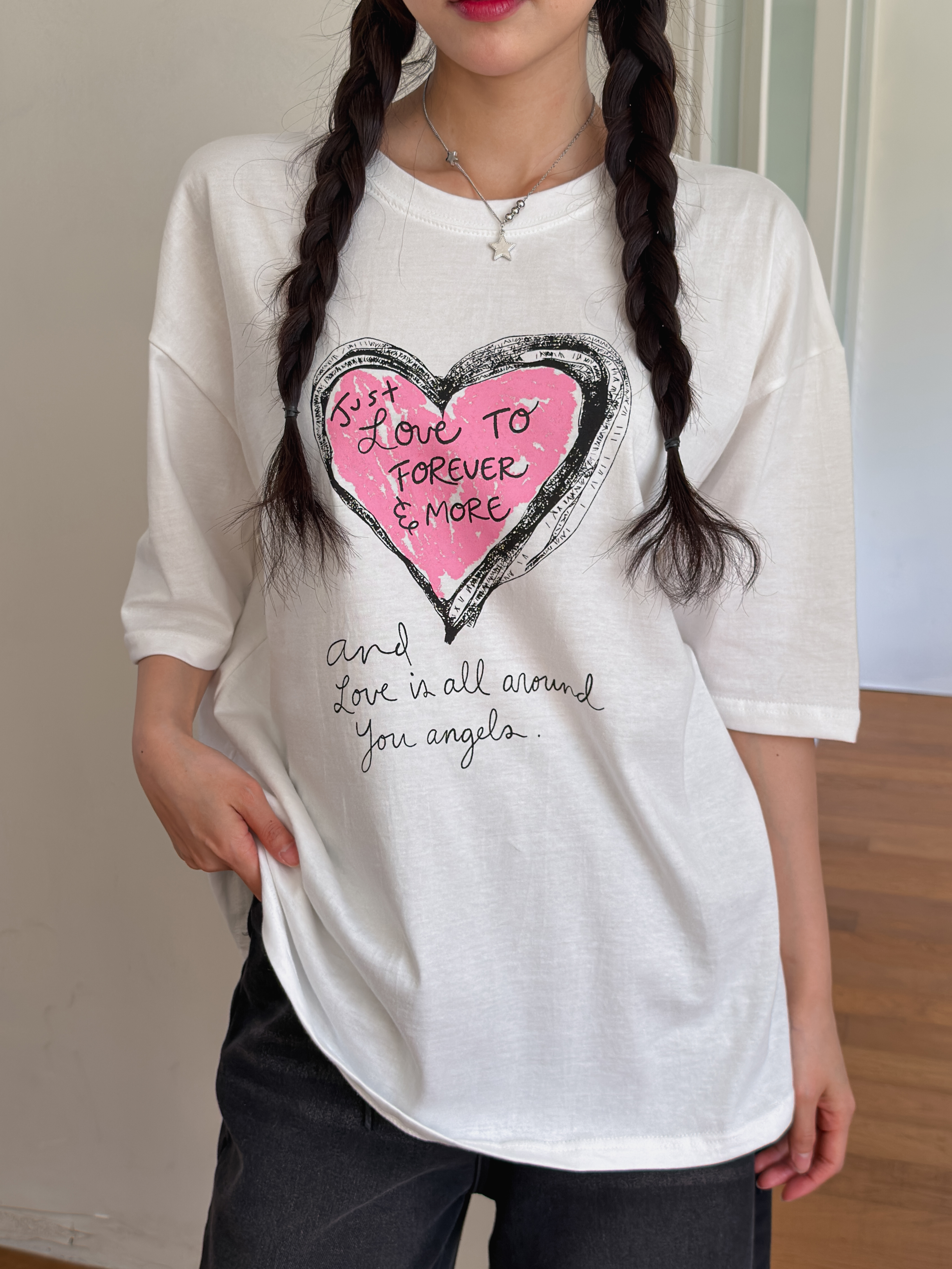 コットンラウンドネックオーバーサイズルーズ半袖ドロップショルダーレタリングプリントTシャツ | 詳細画像10