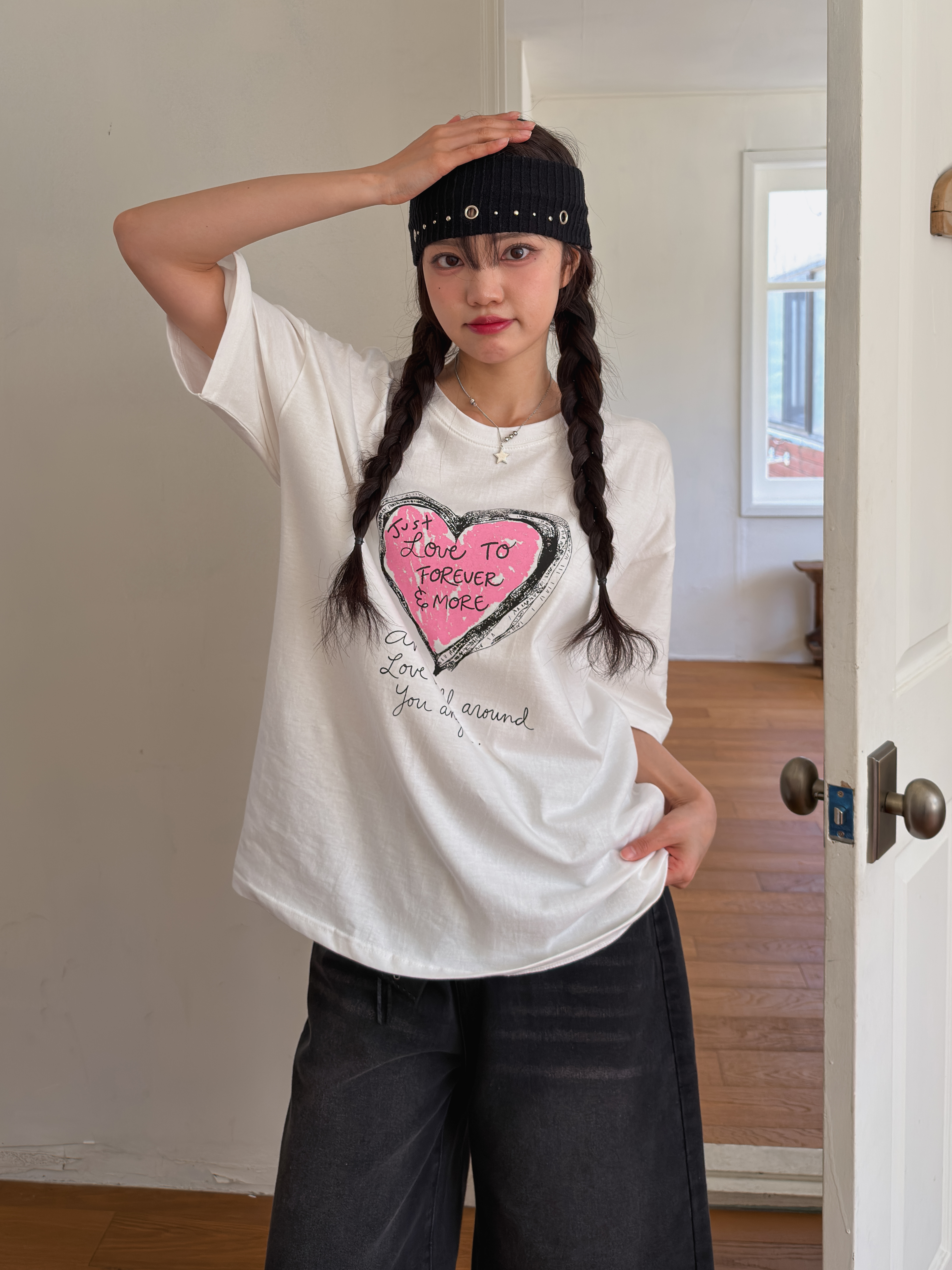 コットンラウンドネックオーバーサイズルーズ半袖ドロップショルダーレタリングプリントTシャツ | 詳細画像11