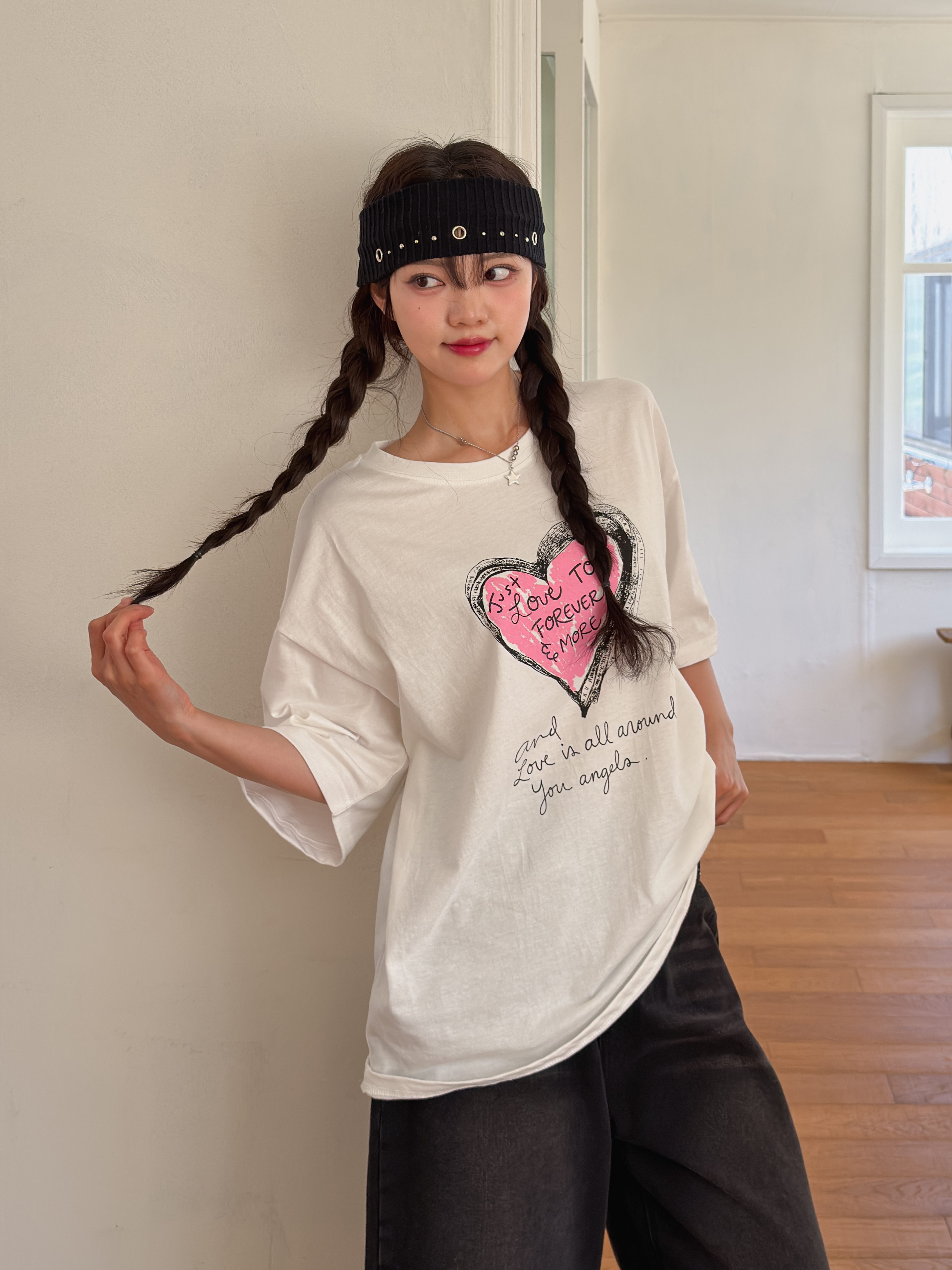コットンラウンドネックオーバーサイズルーズ半袖ドロップショルダーレタリングプリントTシャツ | 詳細画像9
