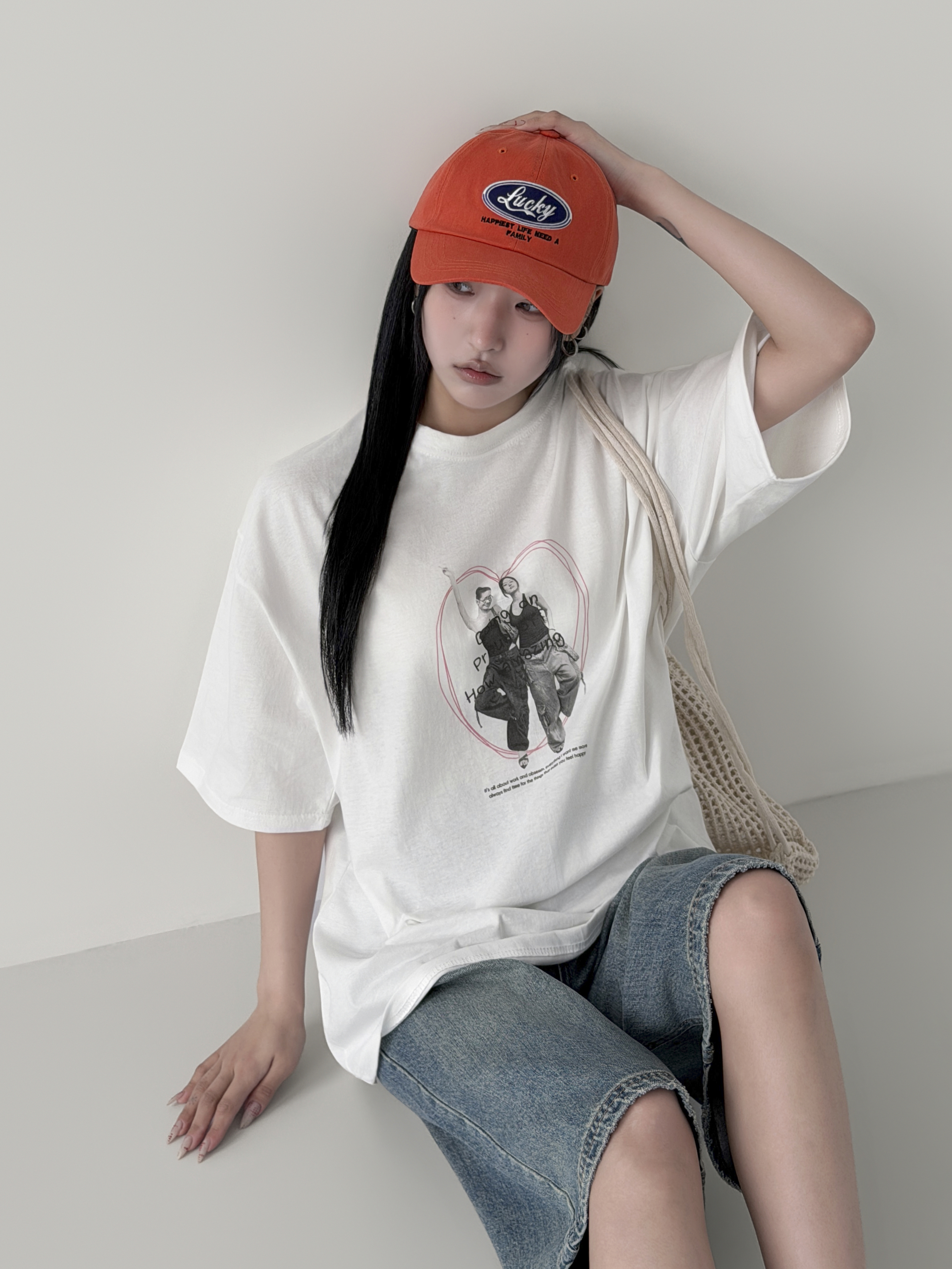 コットンラウンドネックオーバーサイズルーズ半袖ドロップショルダープリントTシャツ | 詳細画像3