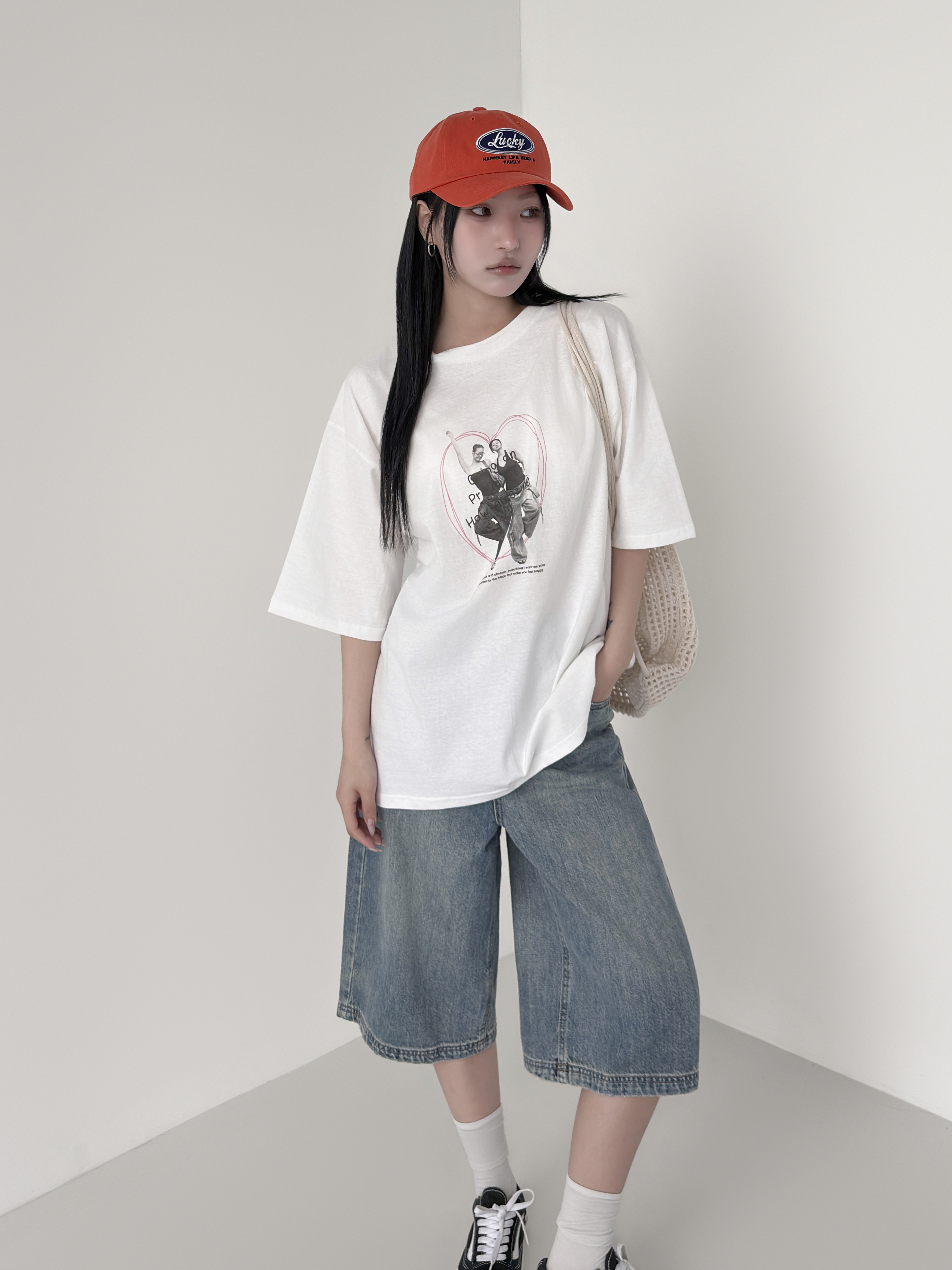コットンラウンドネックオーバーサイズルーズ半袖ドロップショルダープリントTシャツ | 詳細画像4