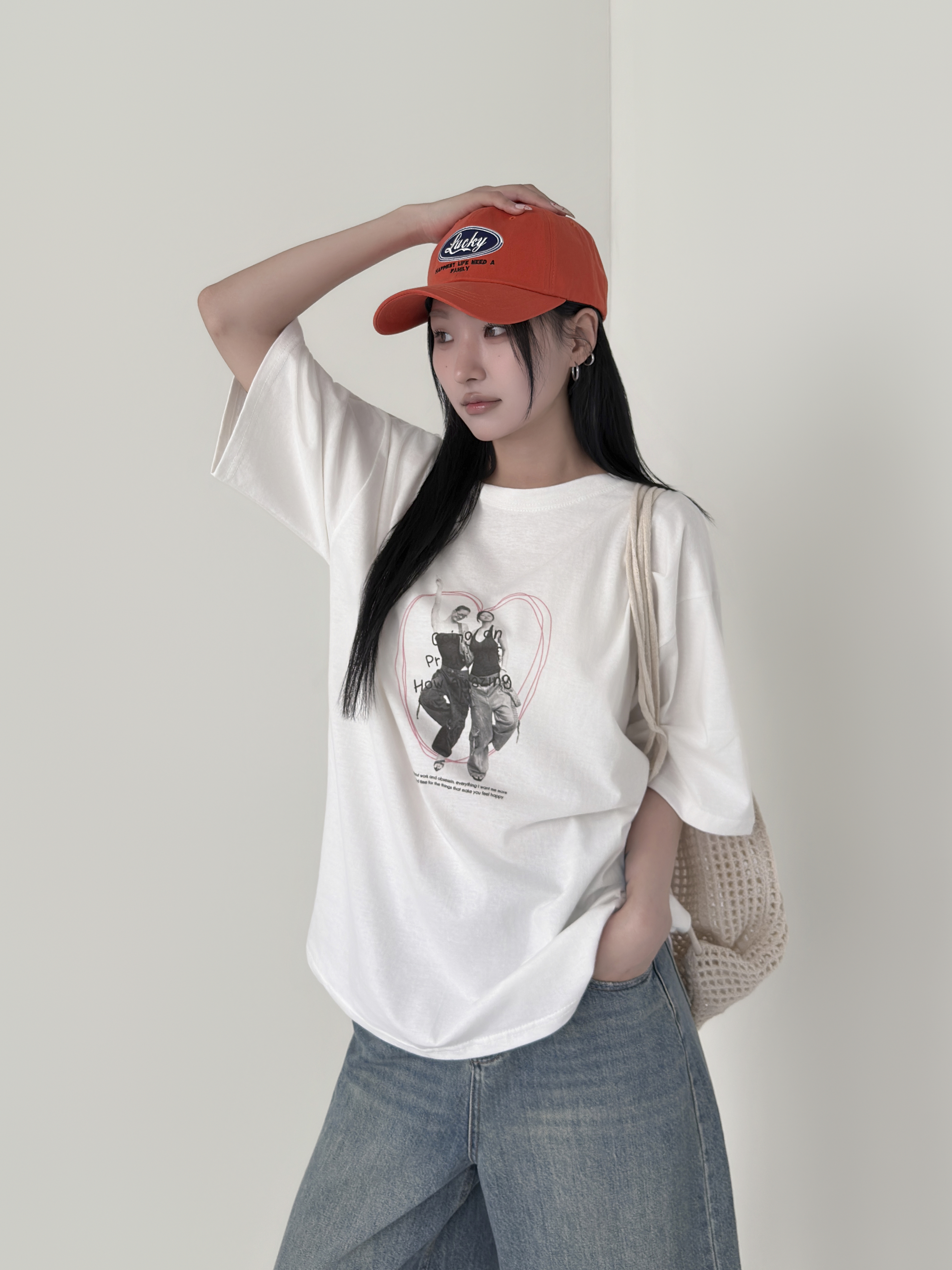 コットンラウンドネックオーバーサイズルーズ半袖ドロップショルダープリントTシャツ | 詳細画像8