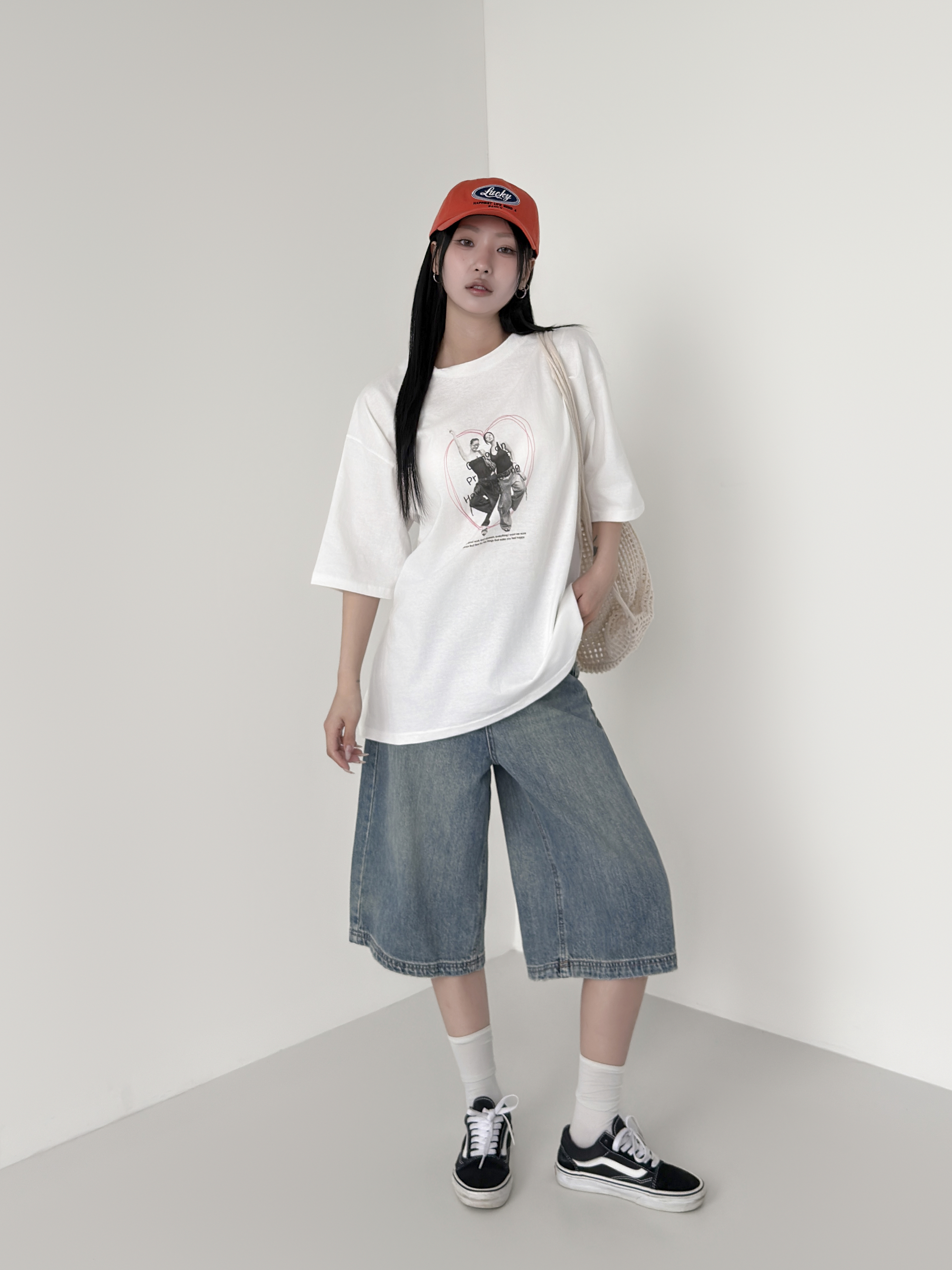 コットンラウンドネックオーバーサイズルーズ半袖ドロップショルダープリントTシャツ | 詳細画像6