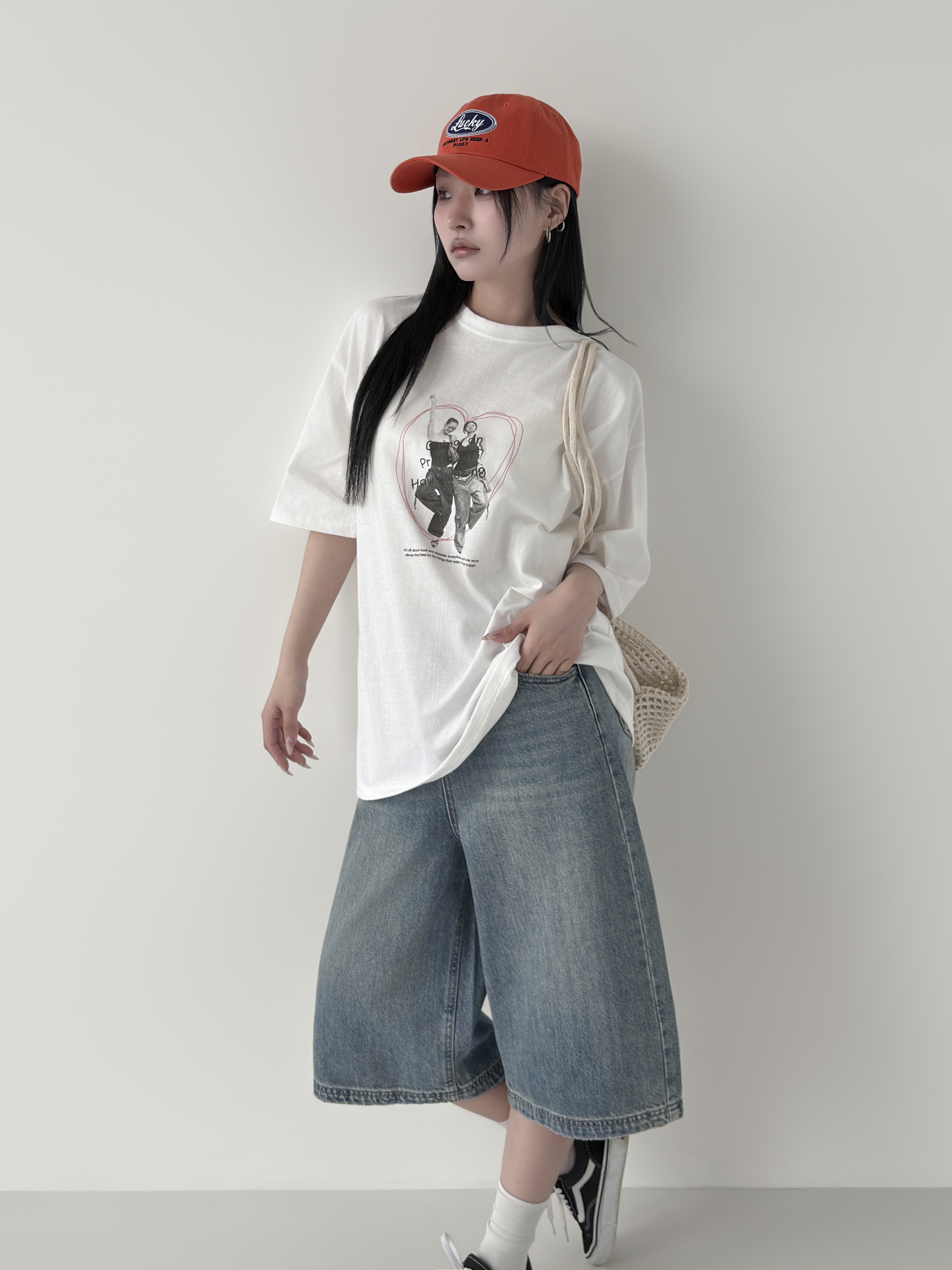 コットンラウンドネックオーバーサイズルーズ半袖ドロップショルダープリントTシャツ | 詳細画像7