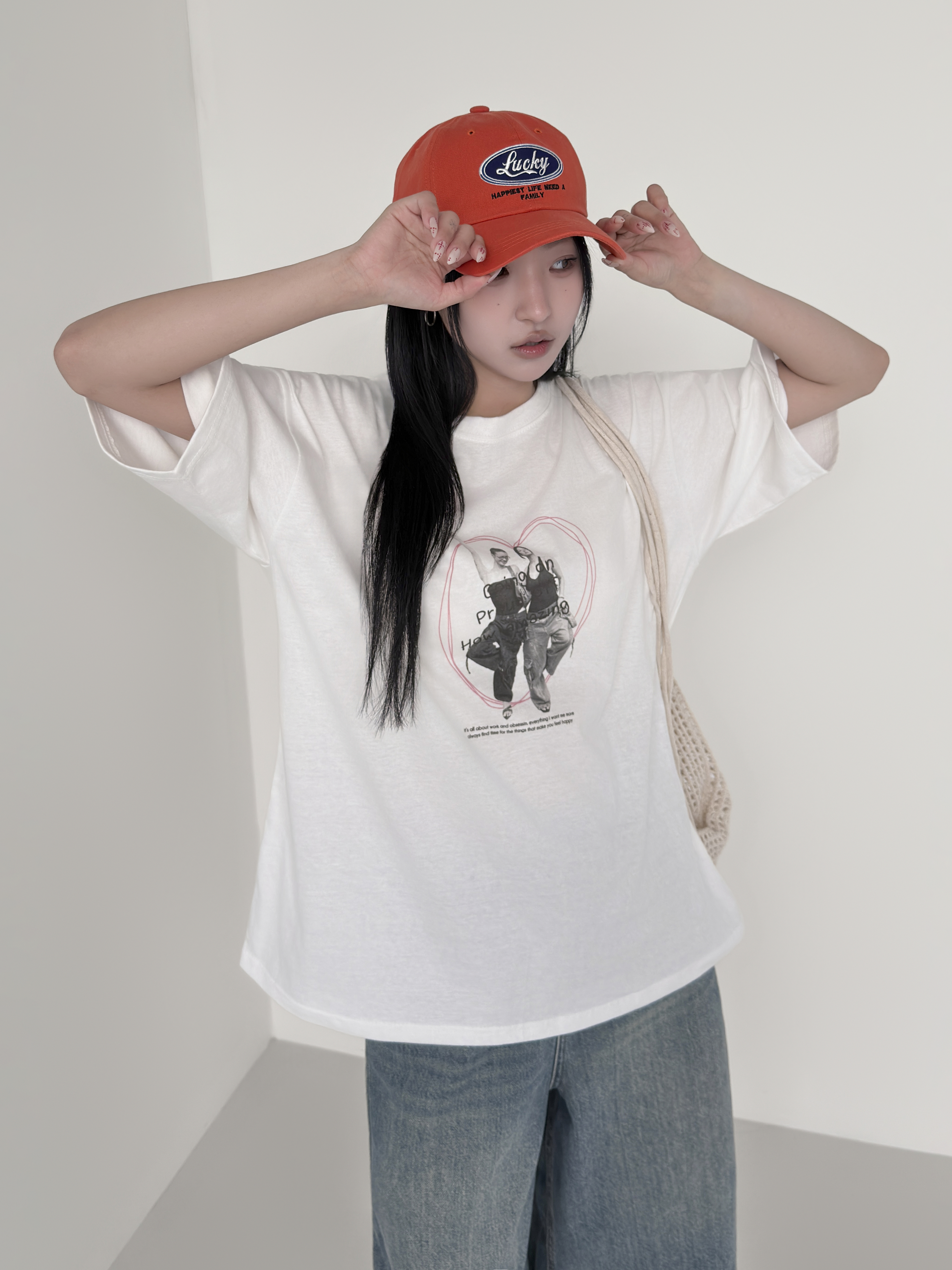 コットンラウンドネックオーバーサイズルーズ半袖ドロップショルダープリントTシャツ | 詳細画像5