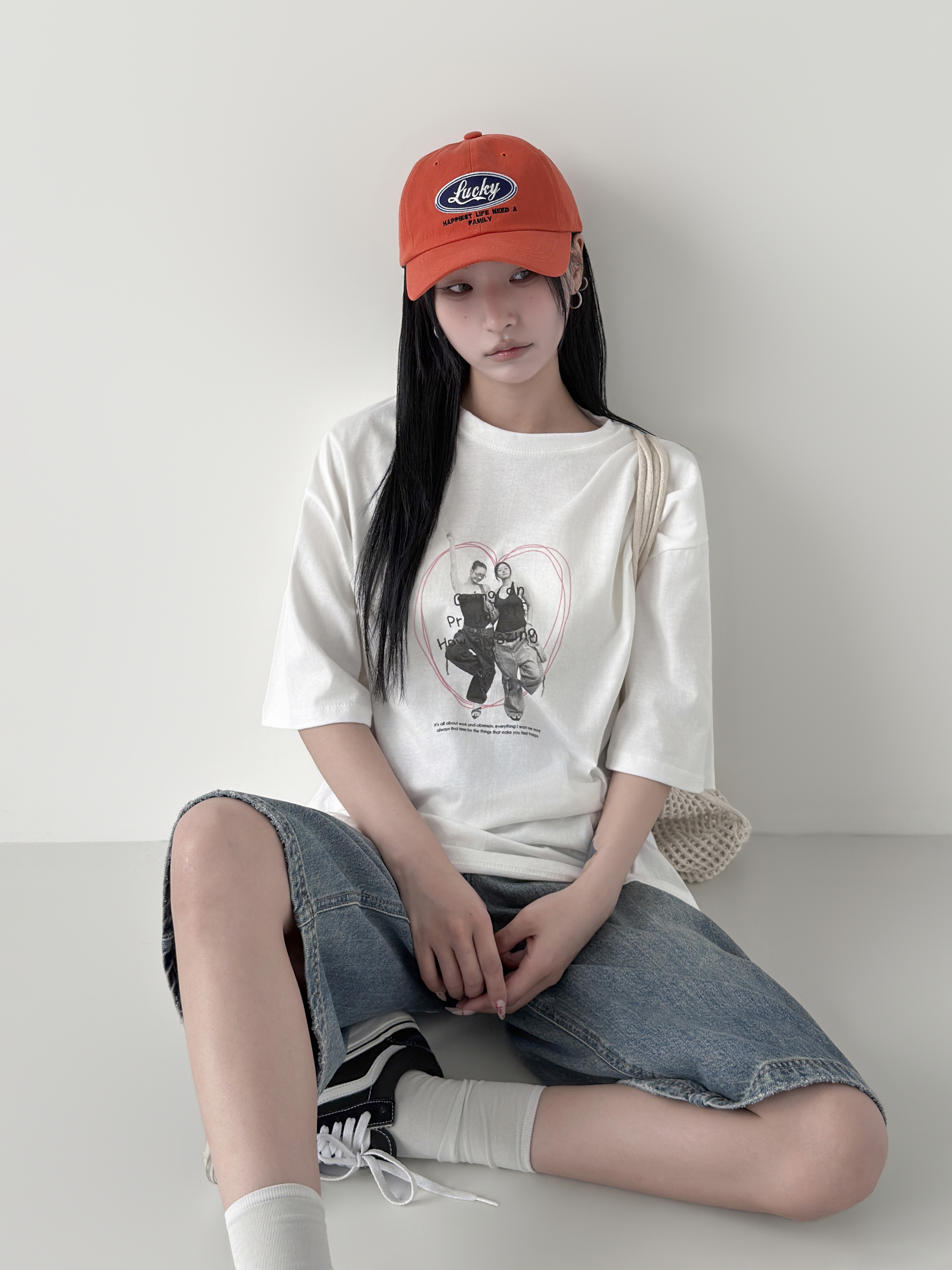コットンラウンドネックオーバーサイズルーズ半袖ドロップショルダープリントTシャツ | 詳細画像2