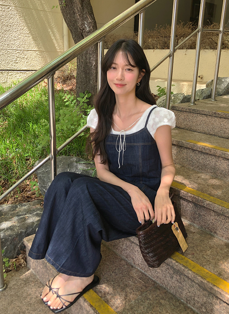 ノンウォッシュデニムワイドステッチポケットウエストゴムセットアップ