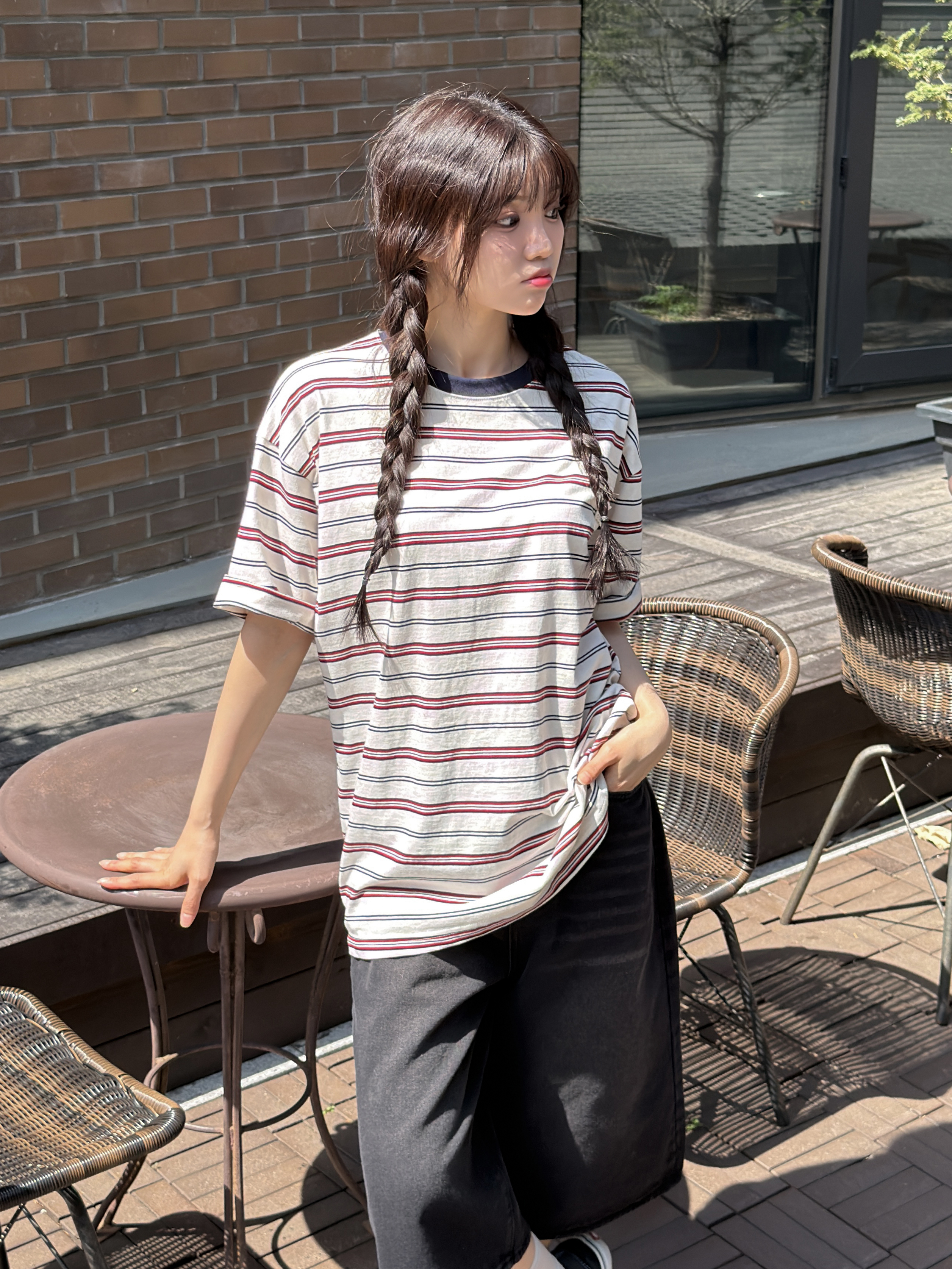 コットンラウンドネックパッチオーバーサイズルーズ半袖ドロップショルダーボーダー配色Tシャツ | 詳細画像2