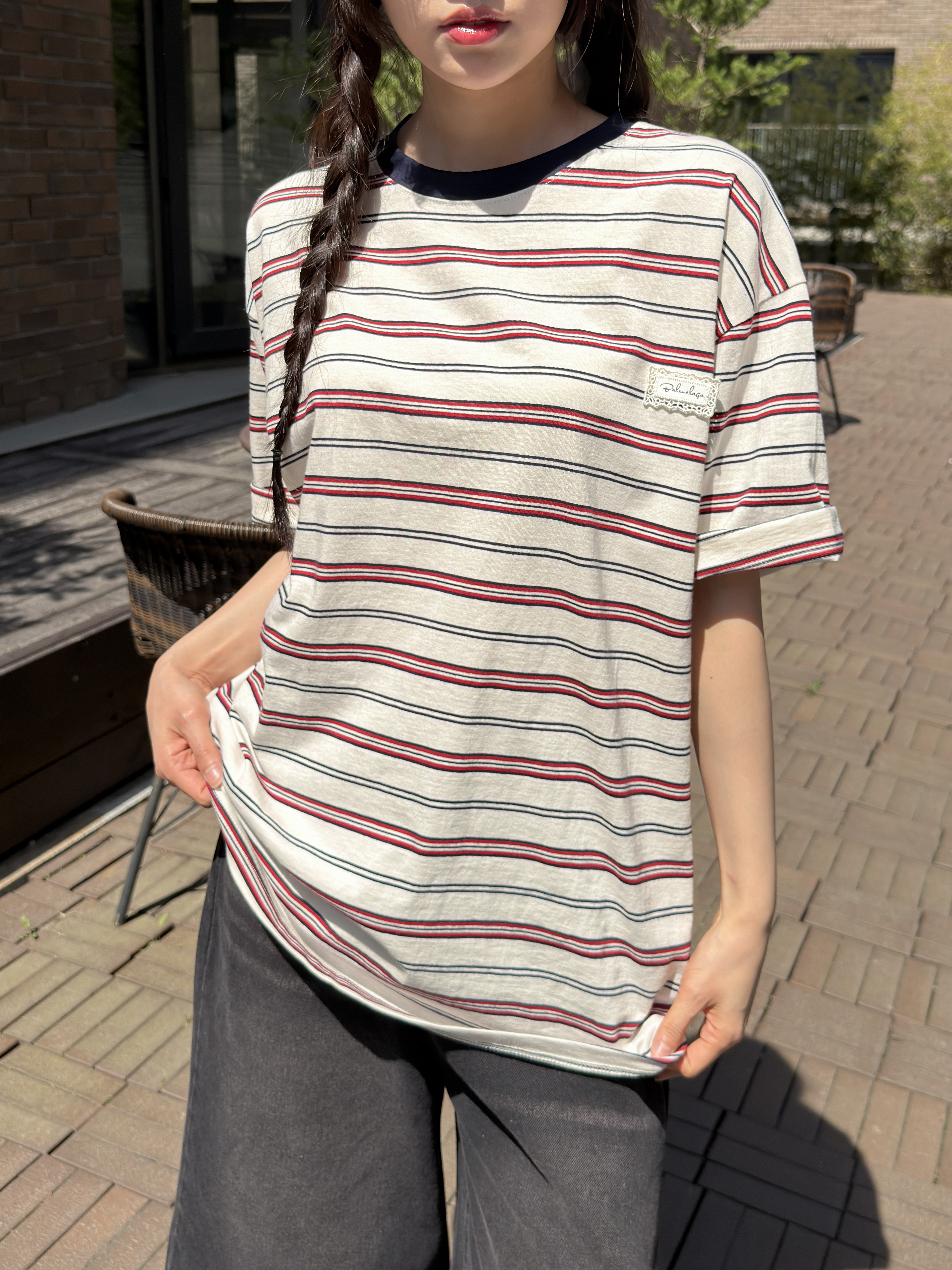 コットンラウンドネックパッチオーバーサイズルーズ半袖ドロップショルダーボーダー配色Tシャツ | 詳細画像10