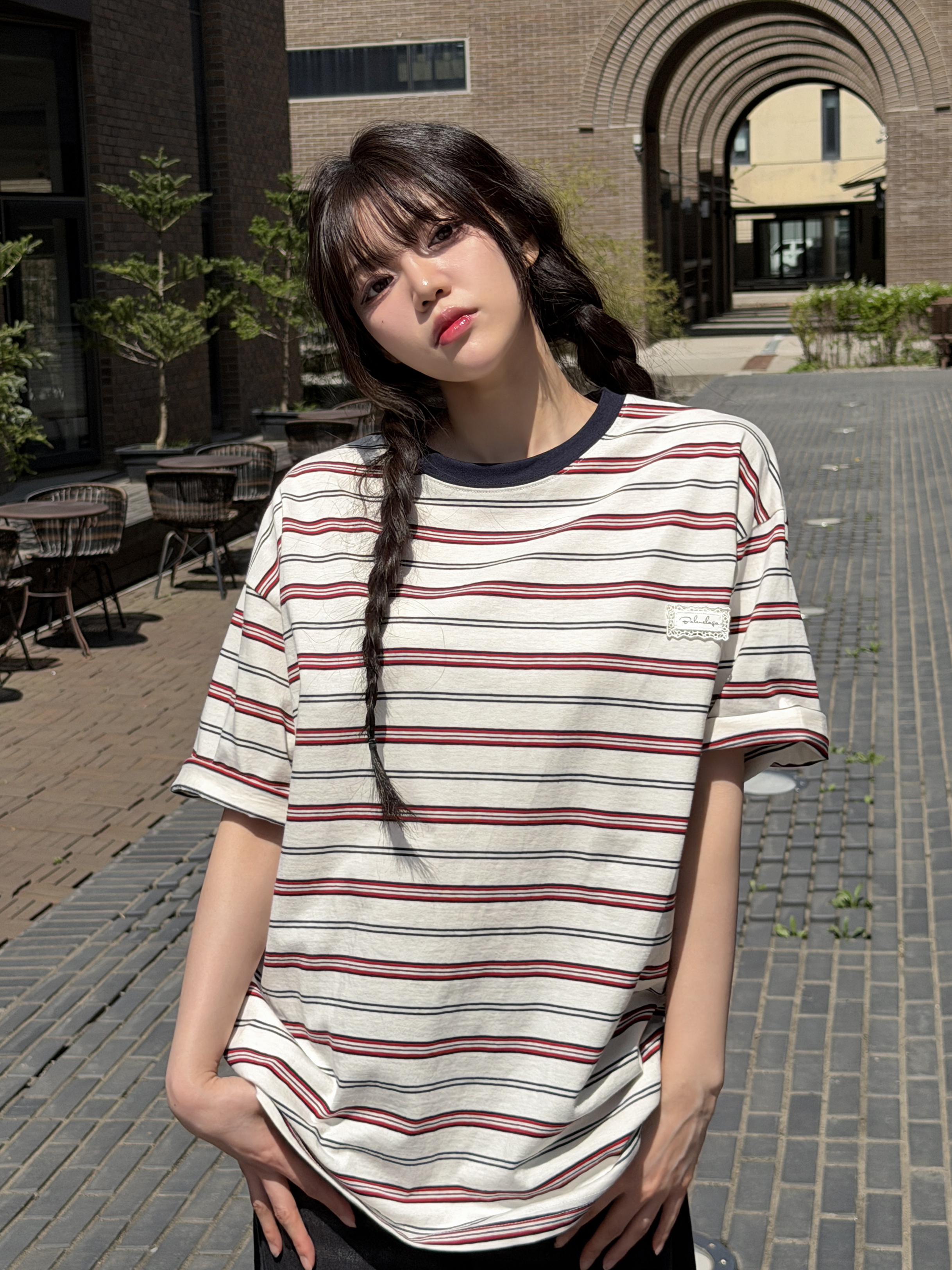コットンラウンドネックパッチオーバーサイズルーズ半袖ドロップショルダーボーダー配色Tシャツ | 詳細画像3