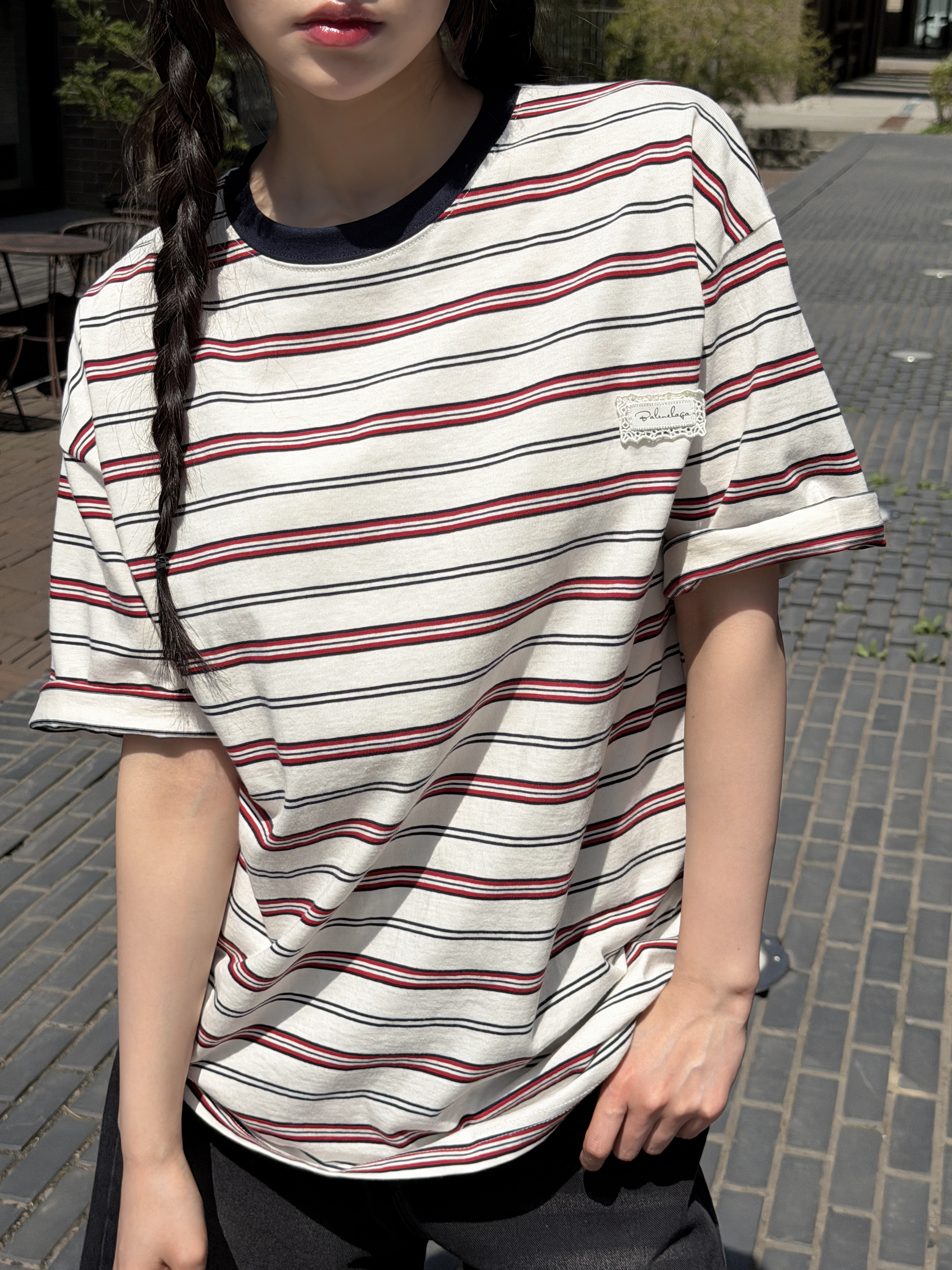 コットンラウンドネックパッチオーバーサイズルーズ半袖ドロップショルダーボーダー配色Tシャツ | 詳細画像5