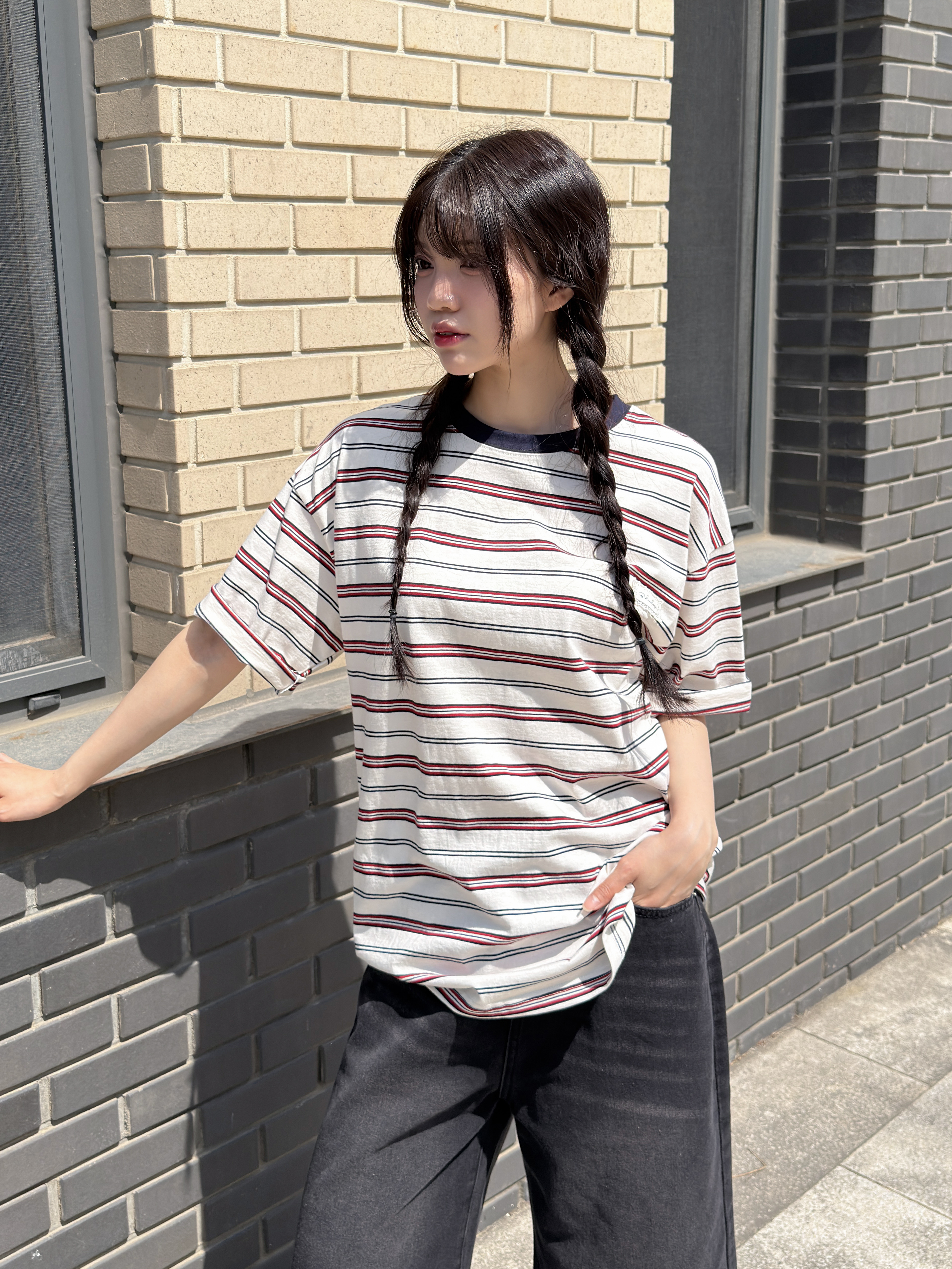 コットンラウンドネックパッチオーバーサイズルーズ半袖ドロップショルダーボーダー配色Tシャツ | 詳細画像9