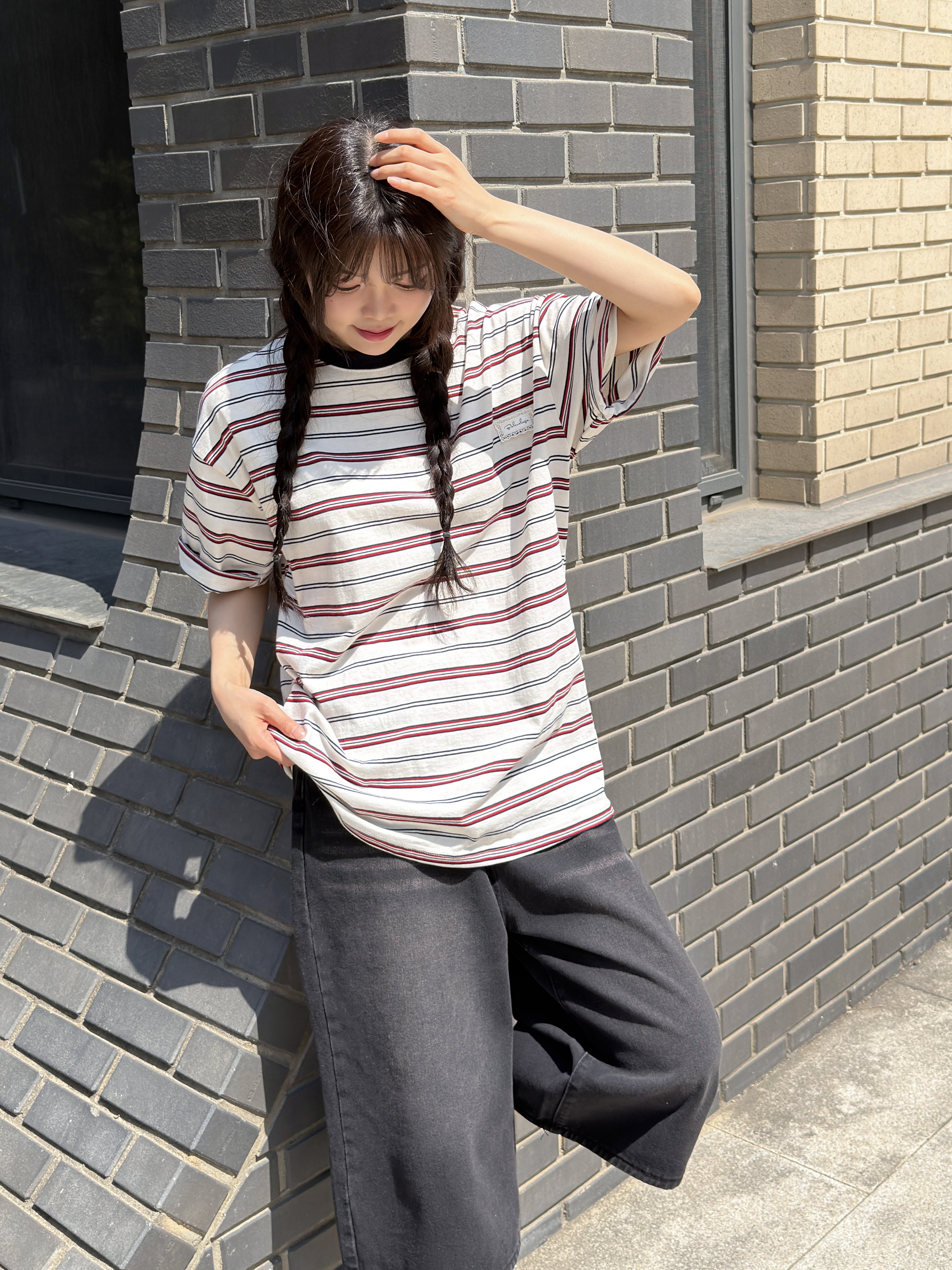 コットンラウンドネックパッチオーバーサイズルーズ半袖ドロップショルダーボーダー配色Tシャツ | 詳細画像6
