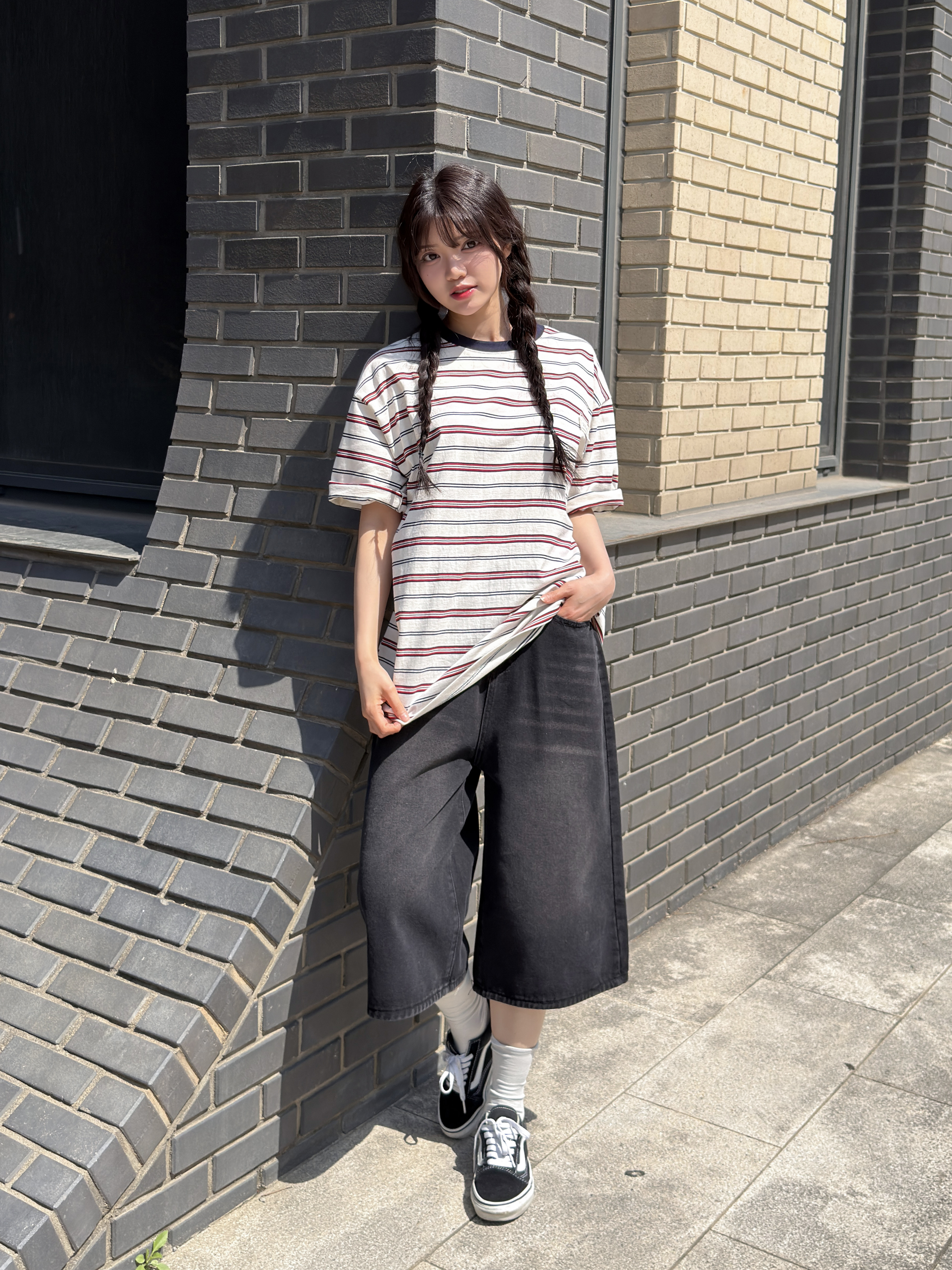 コットンラウンドネックパッチオーバーサイズルーズ半袖ドロップショルダーボーダー配色Tシャツ | 詳細画像8