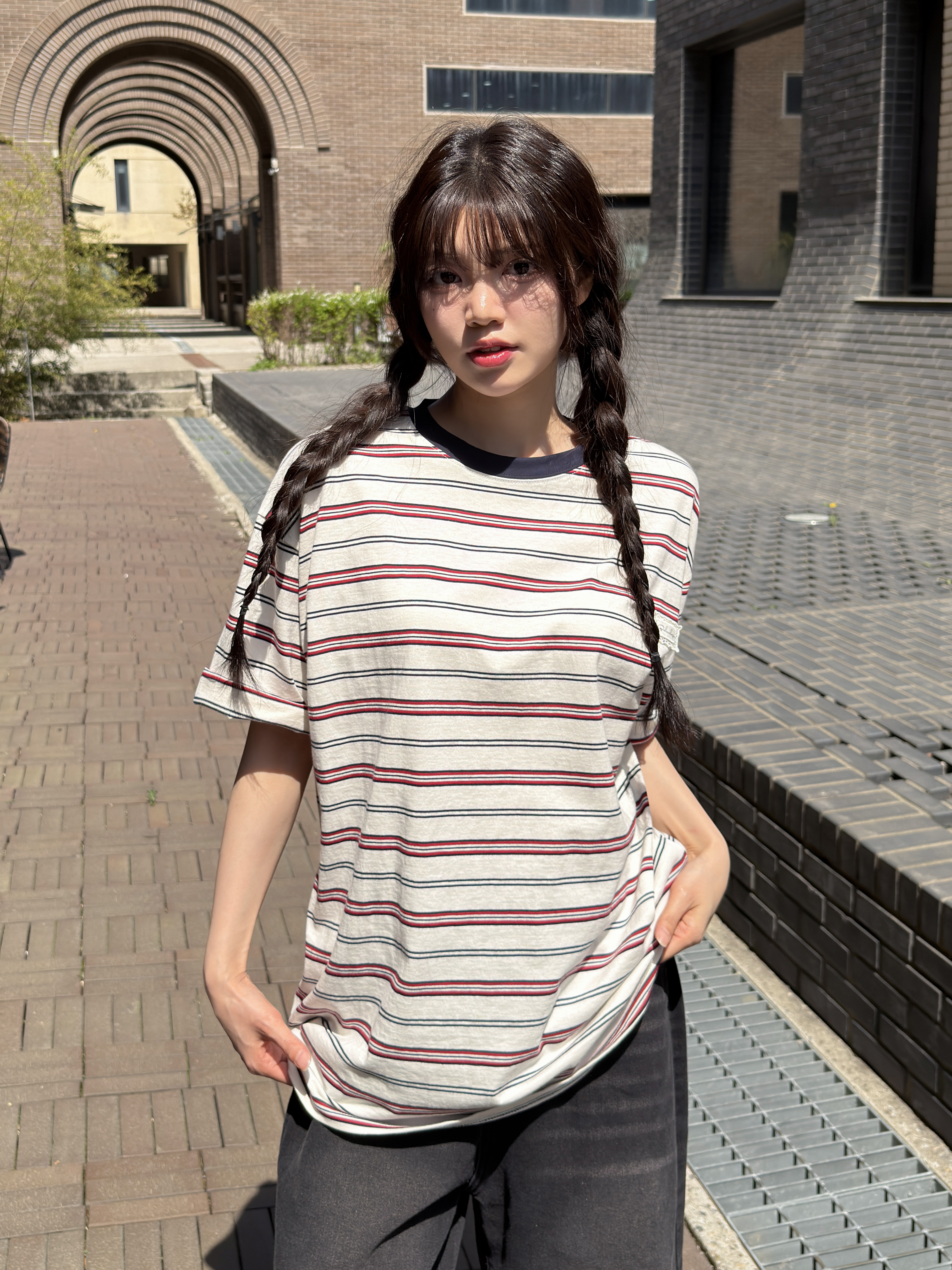 コットンラウンドネックパッチオーバーサイズルーズ半袖ドロップショルダーボーダー配色Tシャツ | 詳細画像7