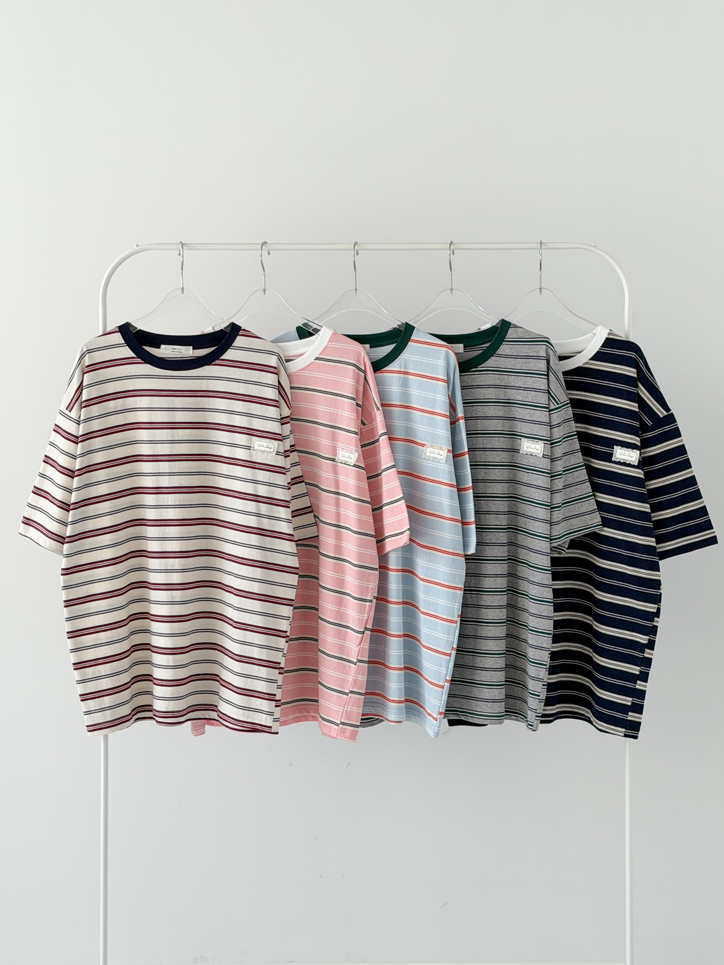 コットンラウンドネックパッチオーバーサイズルーズ半袖ドロップショルダーボーダー配色Tシャツ | 詳細画像13