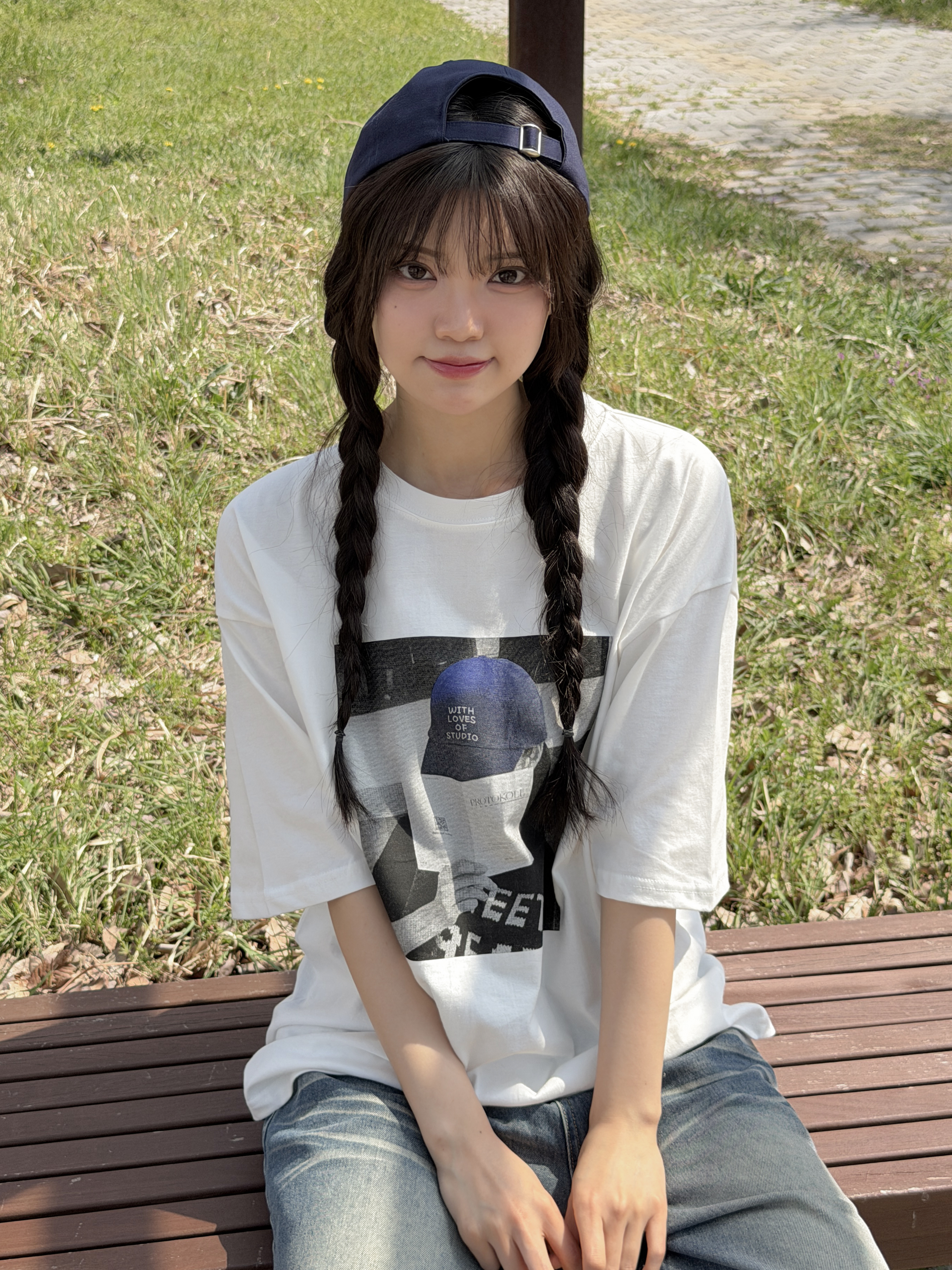 コットンラウンドネックオーバーサイズルーズ半袖ドロップショルダープリントTシャツ | 詳細画像6