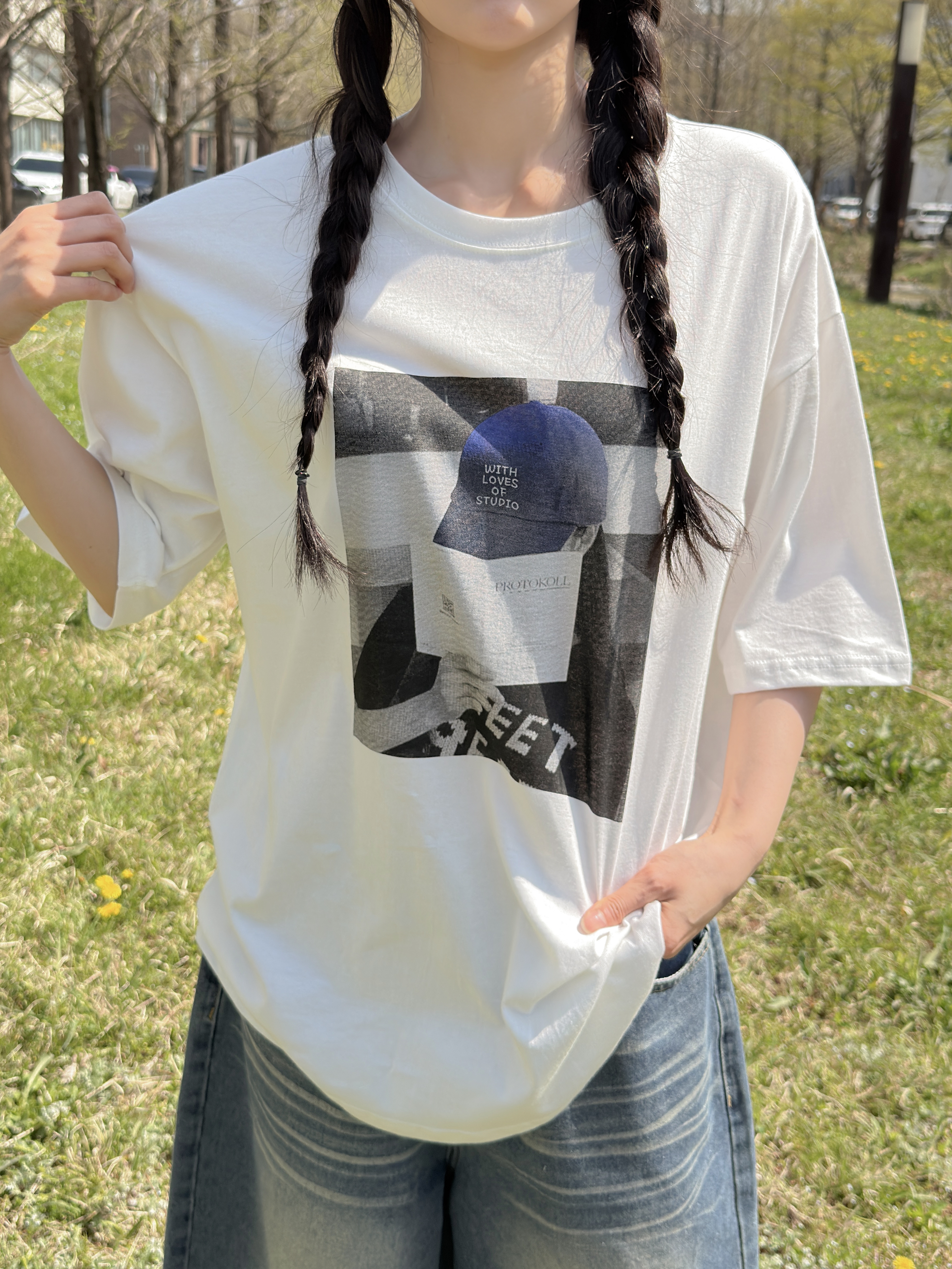 コットンラウンドネックオーバーサイズルーズ半袖ドロップショルダープリントTシャツ | 詳細画像8