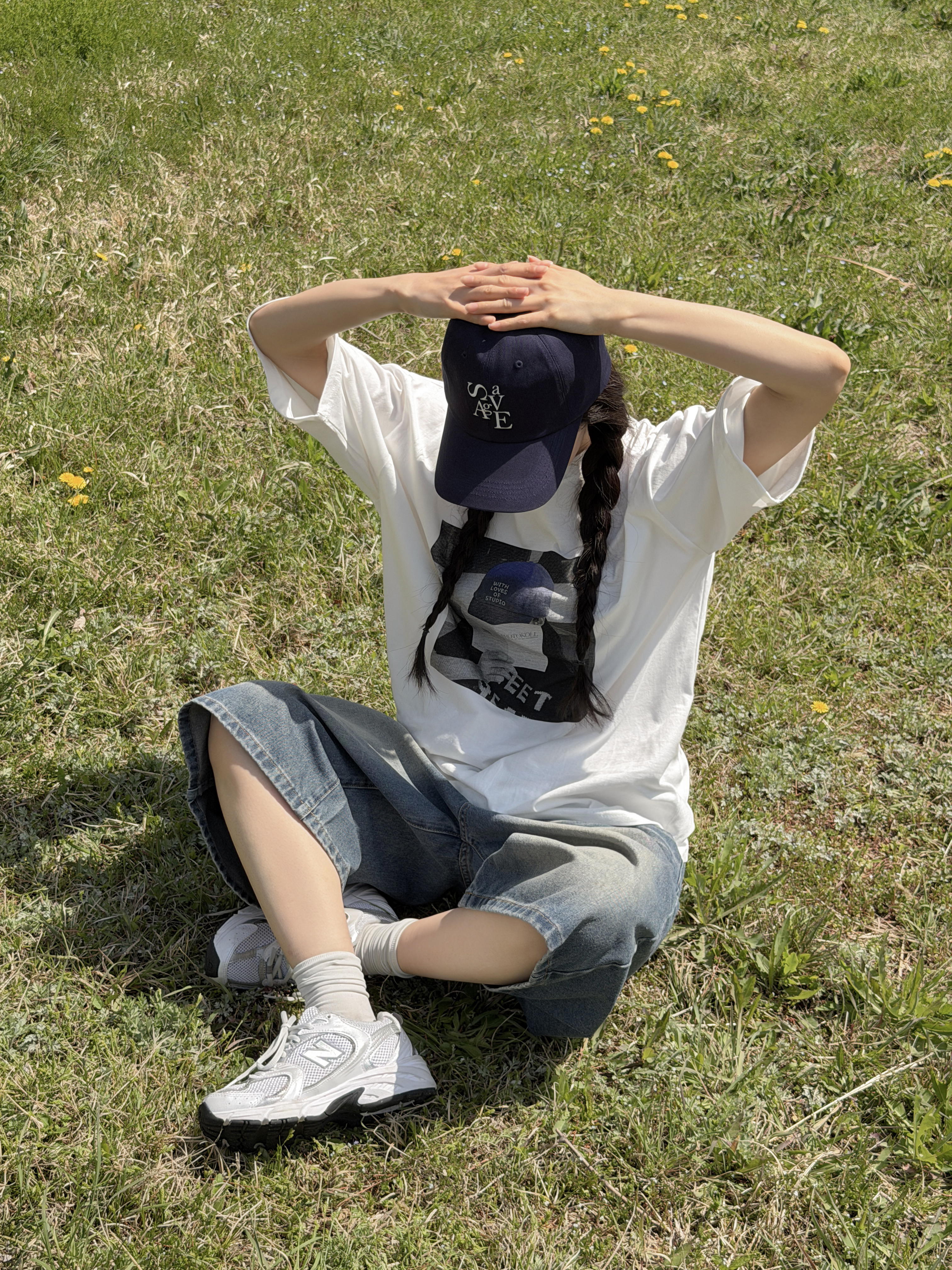 コットンラウンドネックオーバーサイズルーズ半袖ドロップショルダープリントTシャツ | 詳細画像2
