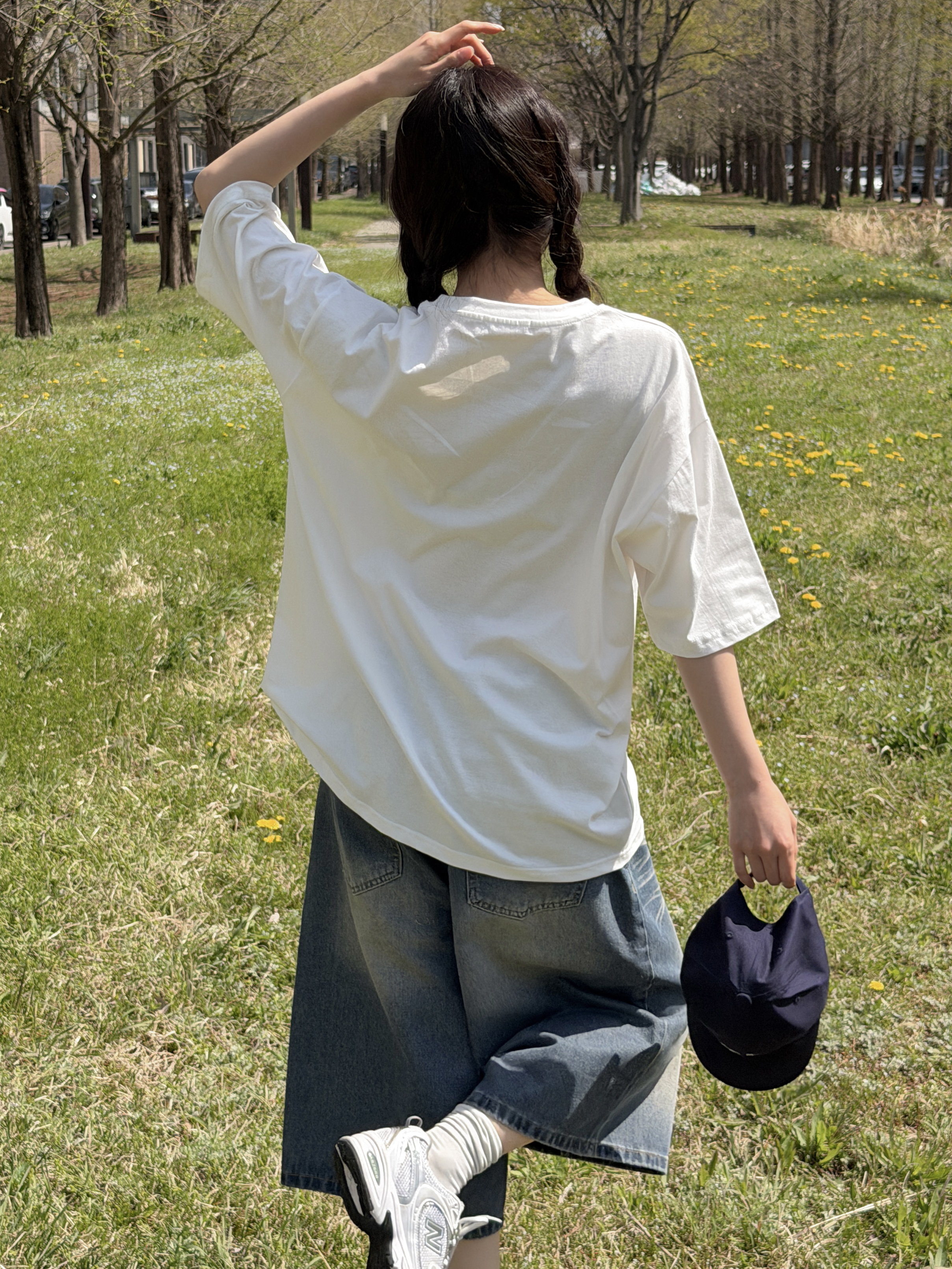 コットンラウンドネックオーバーサイズルーズ半袖ドロップショルダープリントTシャツ | 詳細画像4