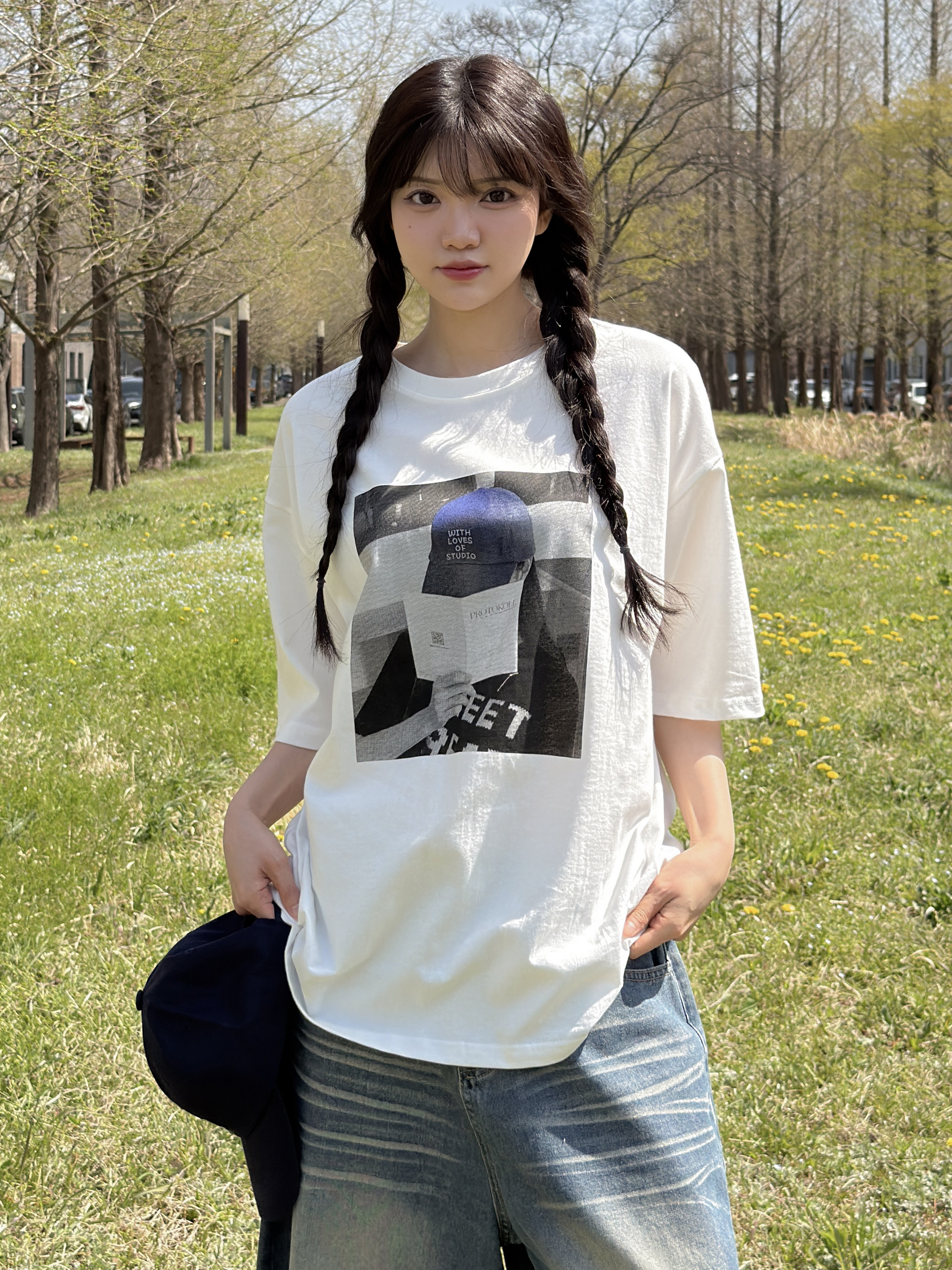 コットンラウンドネックオーバーサイズルーズ半袖ドロップショルダープリントTシャツ | 詳細画像3