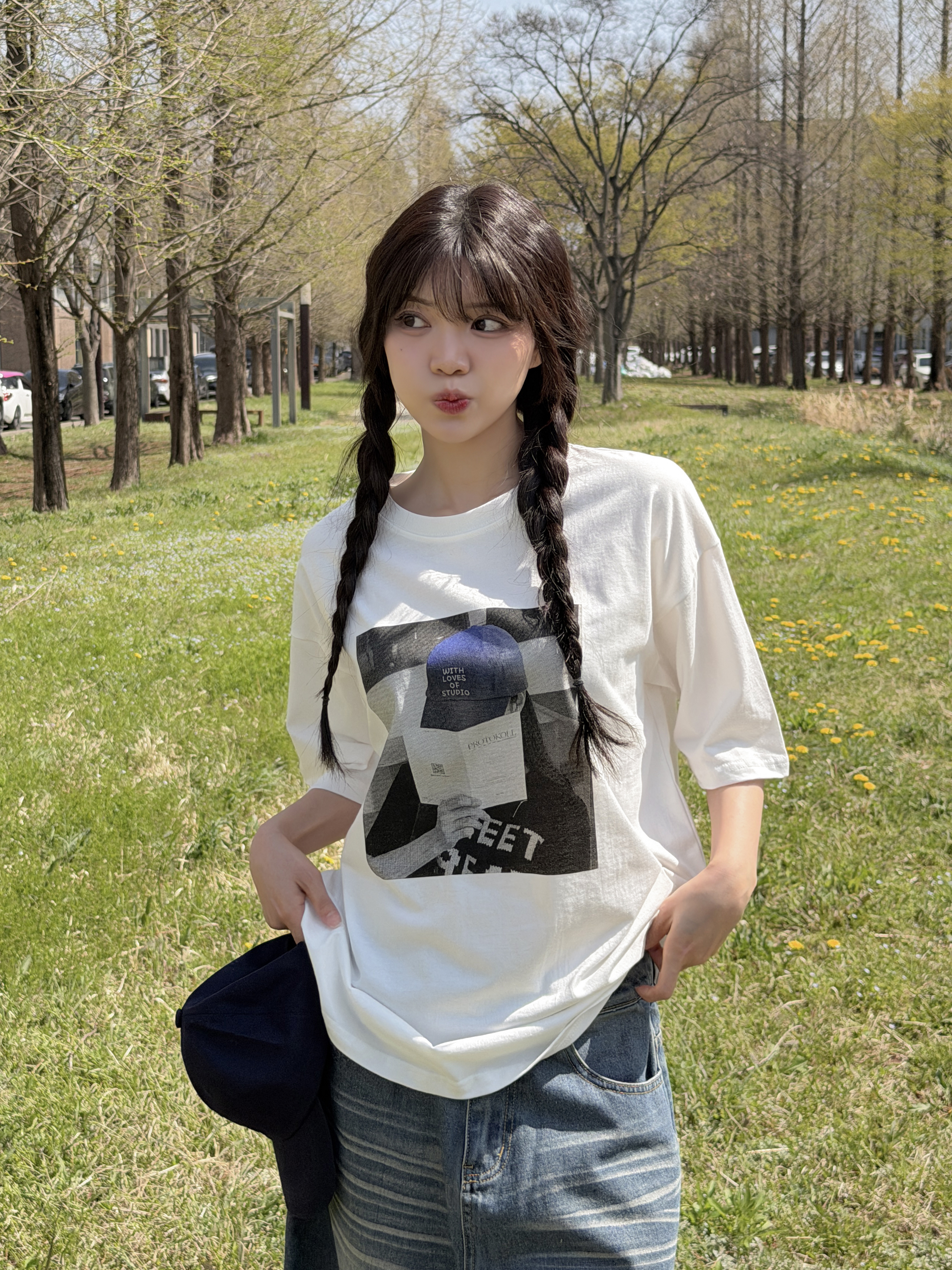 コットンラウンドネックオーバーサイズルーズ半袖ドロップショルダープリントTシャツ | 詳細画像5