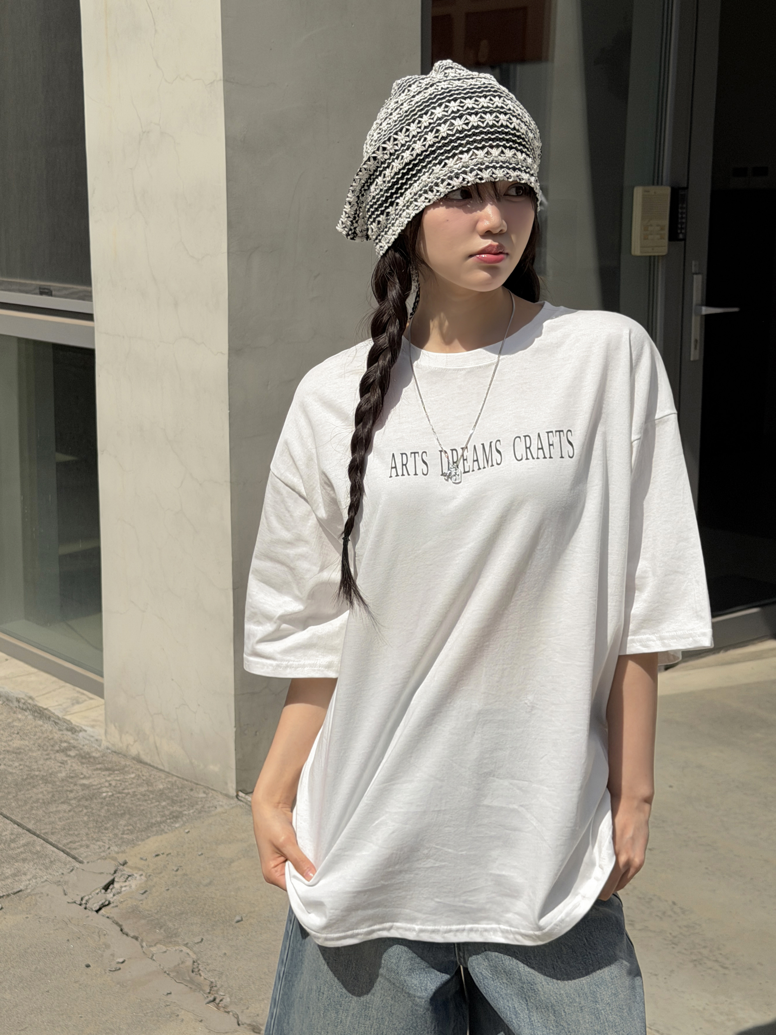 ラウンドネックオーバーサイズルーズ半袖ドロップショルダー両面プリントTシャツ | 詳細画像2