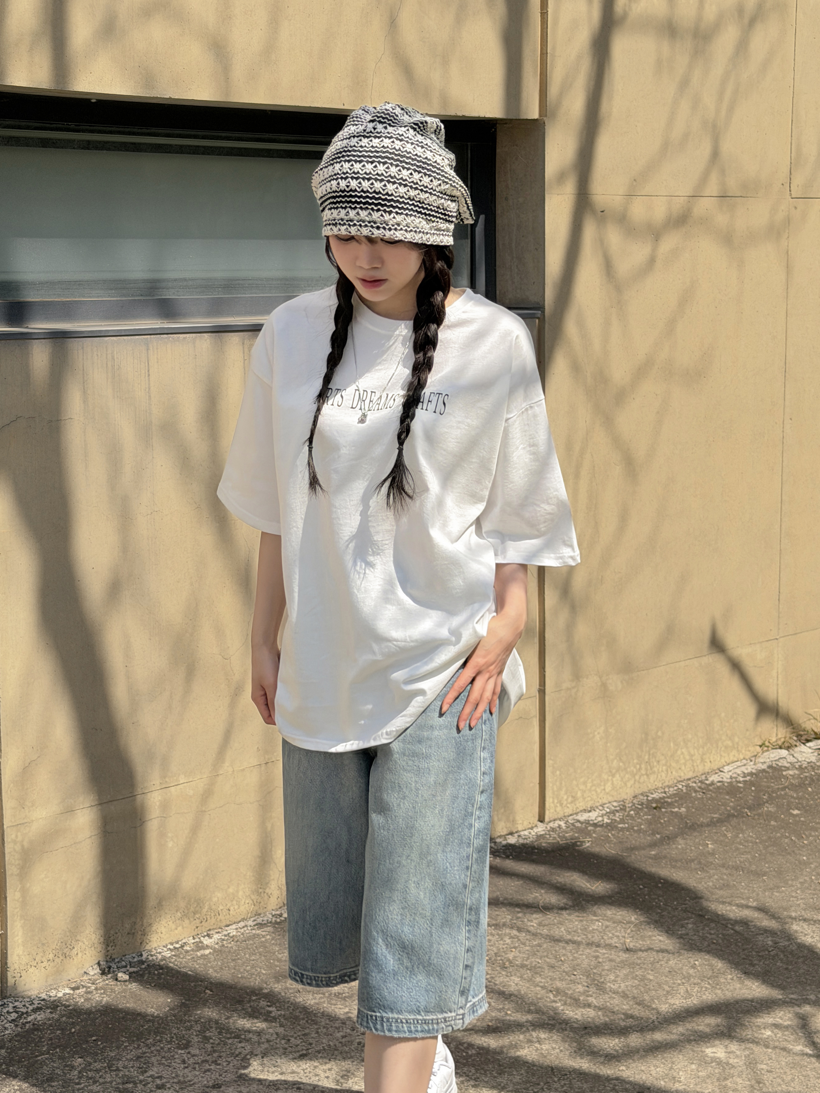 ラウンドネックオーバーサイズルーズ半袖ドロップショルダー両面プリントTシャツ | 詳細画像5