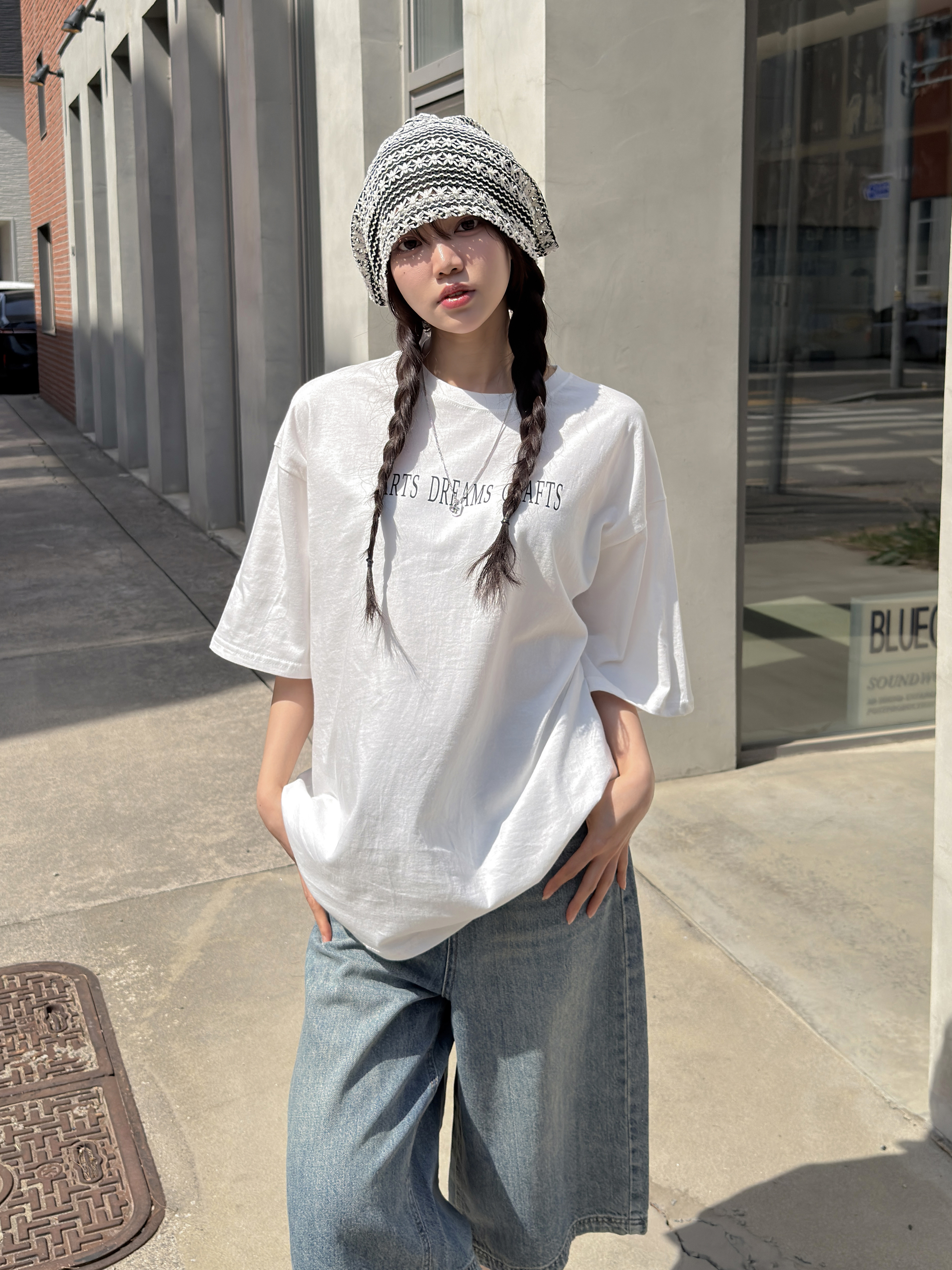 ラウンドネックオーバーサイズルーズ半袖ドロップショルダー両面プリントTシャツ | 詳細画像10