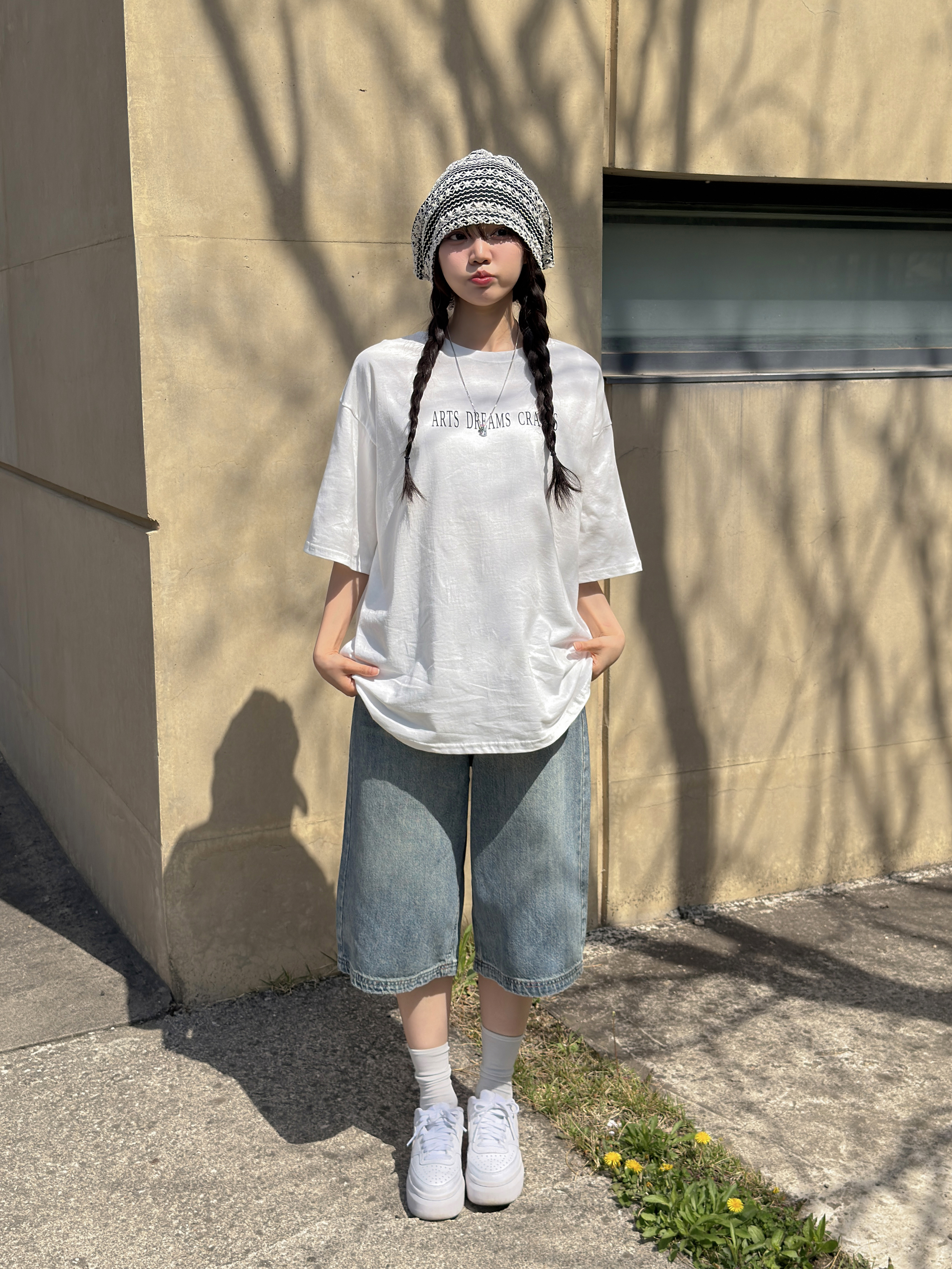 ラウンドネックオーバーサイズルーズ半袖ドロップショルダー両面プリントTシャツ | 詳細画像7