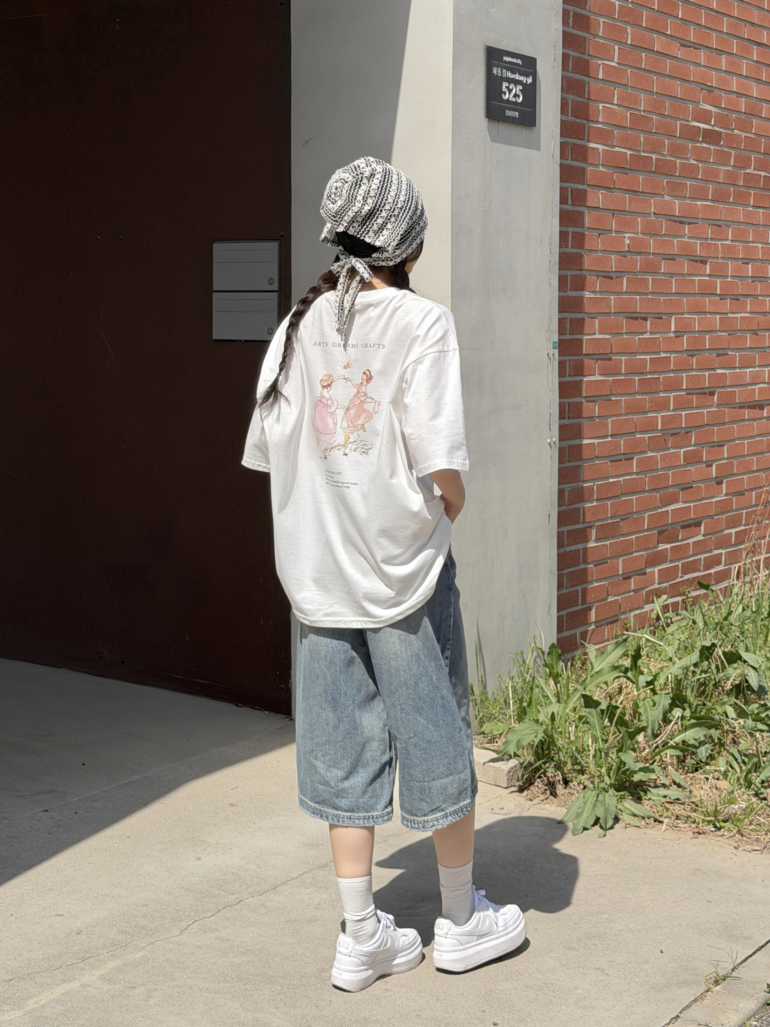 ラウンドネックオーバーサイズルーズ半袖ドロップショルダー両面プリントTシャツ | 詳細画像9