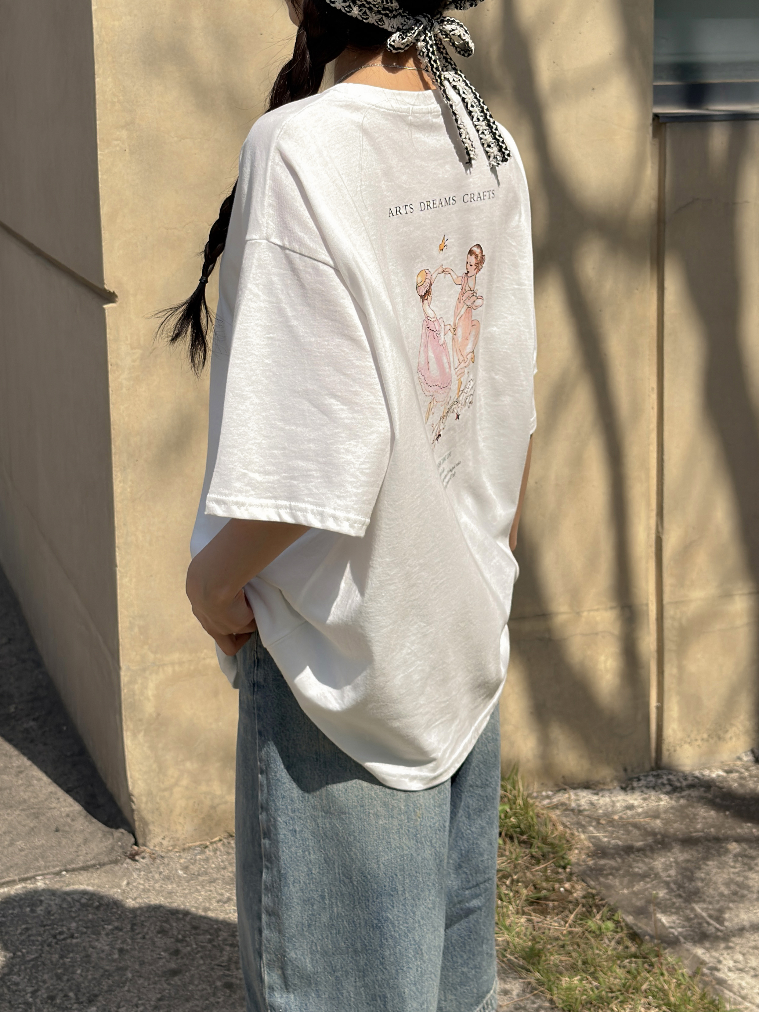 ラウンドネックオーバーサイズルーズ半袖ドロップショルダー両面プリントTシャツ | 詳細画像3