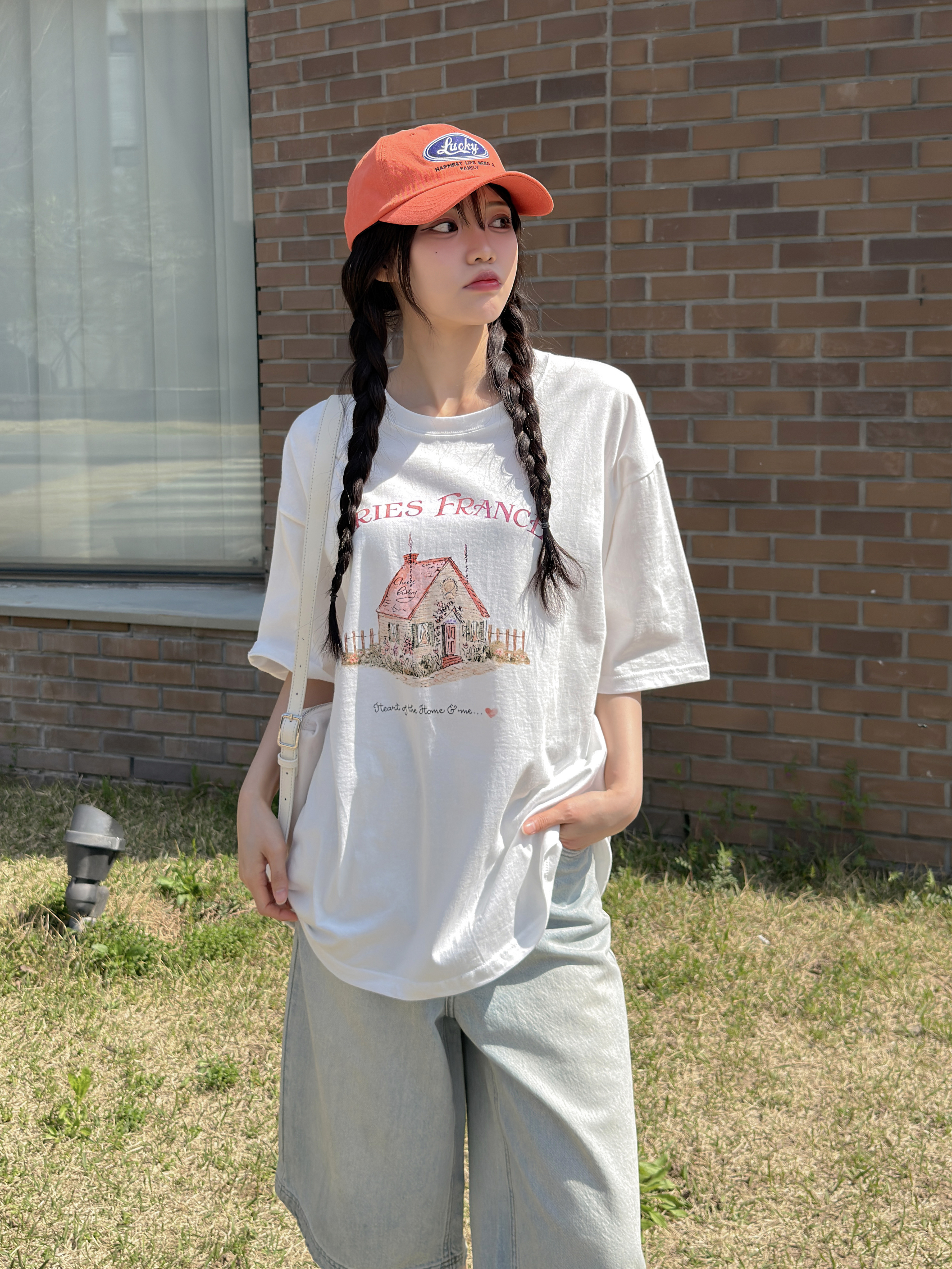 コットンラウンドネックオーバーサイズルーズ半袖ドロップショルダーレタリングプリントTシャツ | 詳細画像6