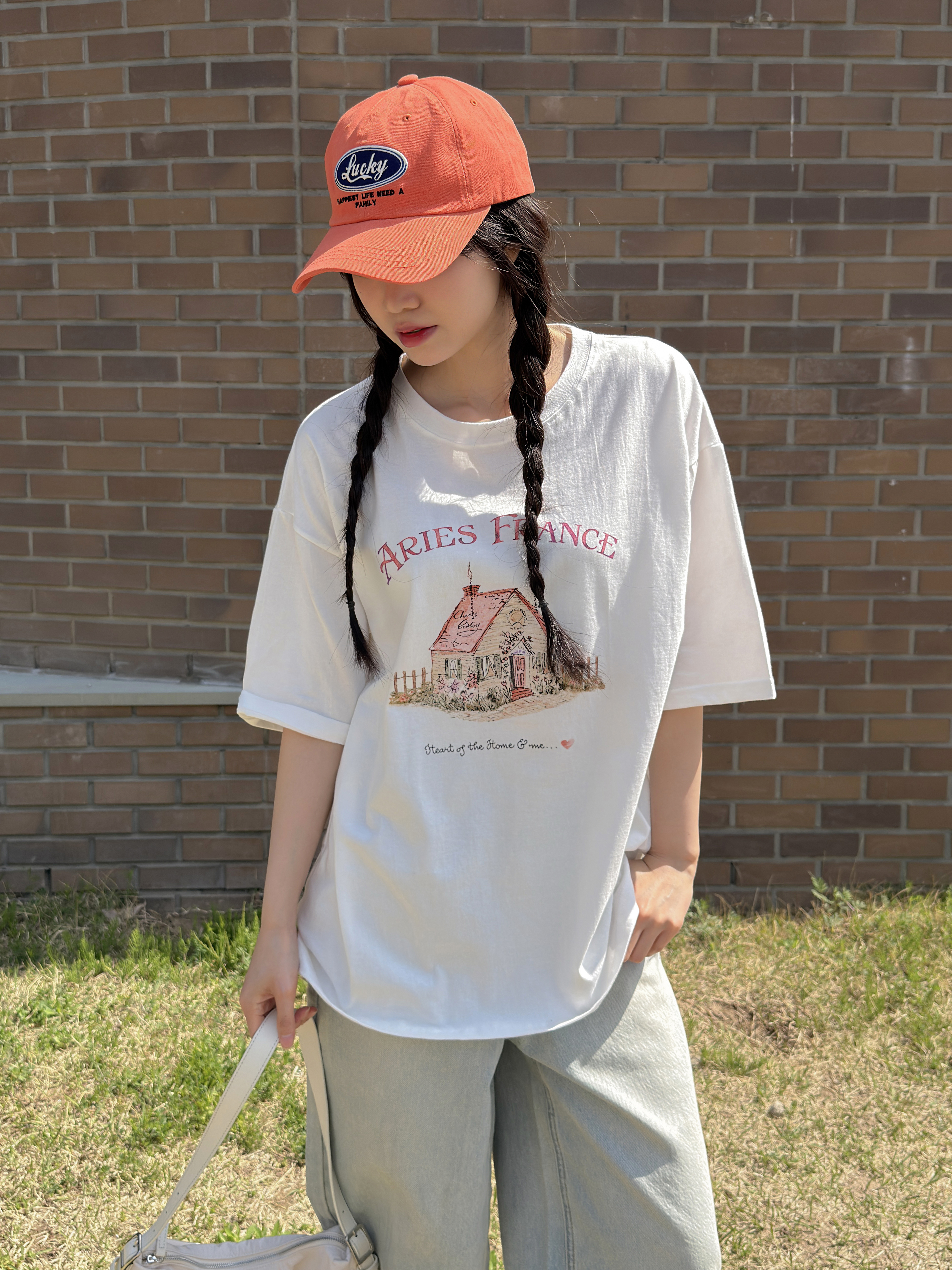 コットンラウンドネックオーバーサイズルーズ半袖ドロップショルダーレタリングプリントTシャツ | 詳細画像10