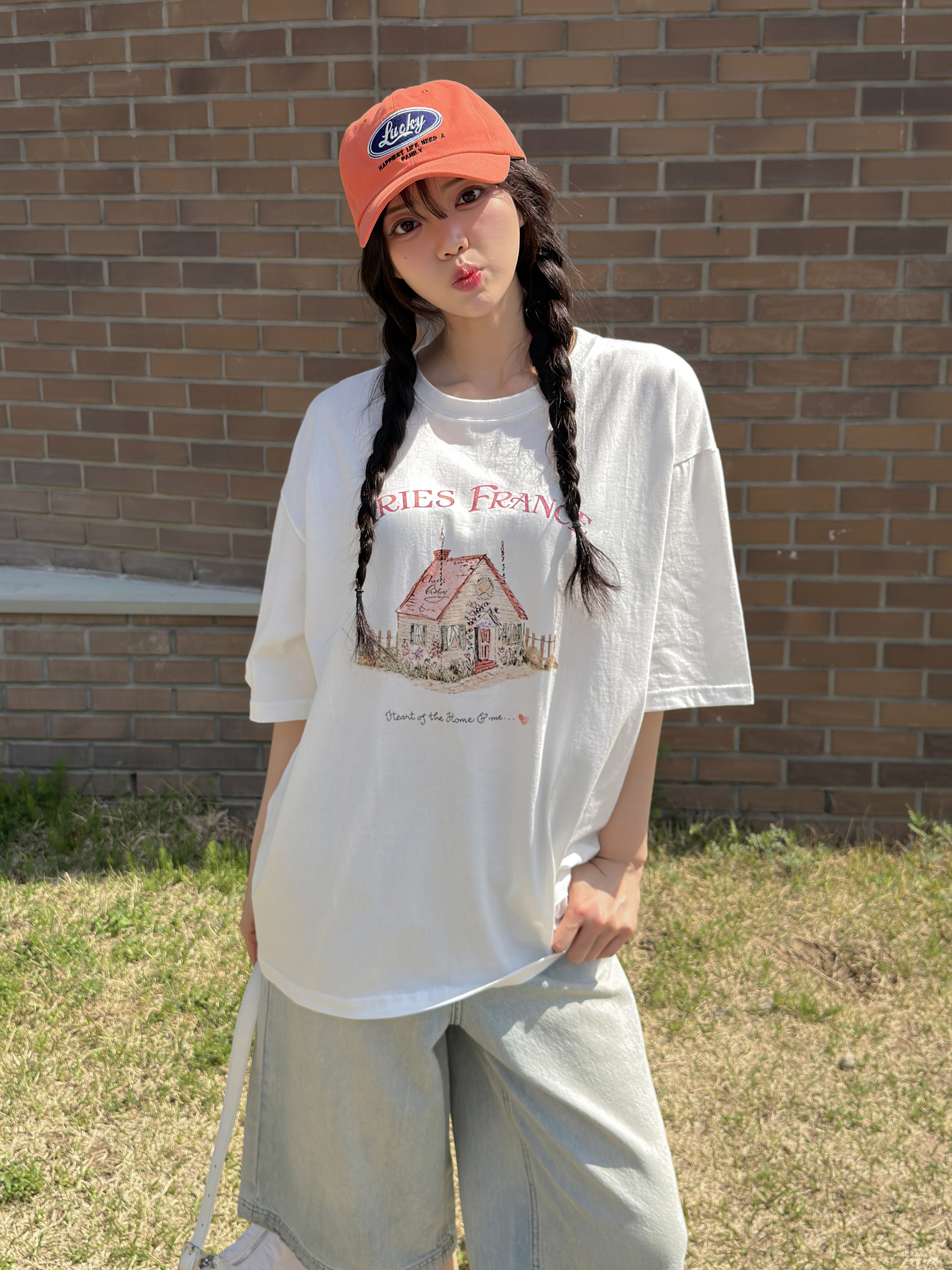 コットンラウンドネックオーバーサイズルーズ半袖ドロップショルダーレタリングプリントTシャツ | 詳細画像9