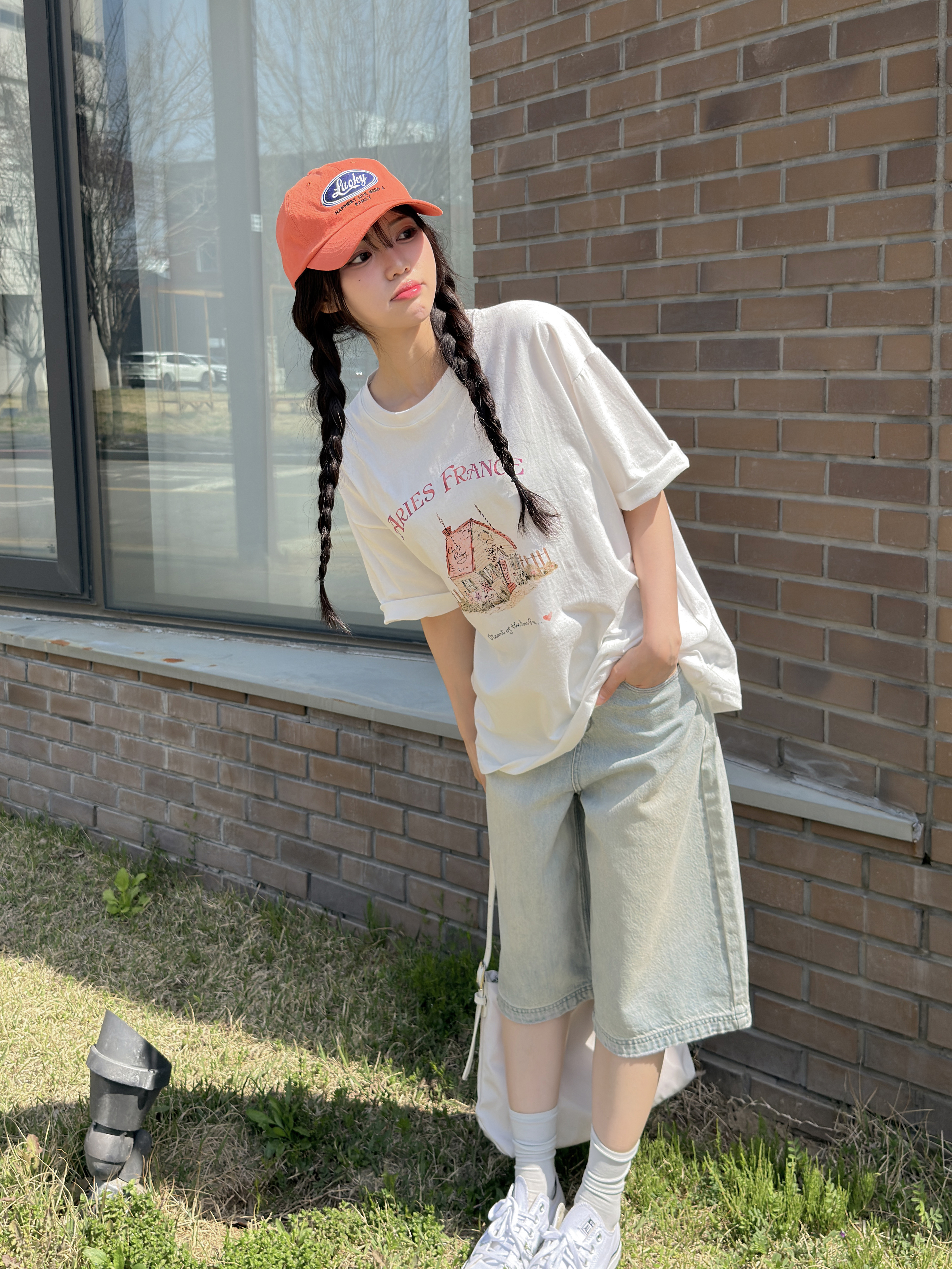 コットンラウンドネックオーバーサイズルーズ半袖ドロップショルダーレタリングプリントTシャツ | 詳細画像8