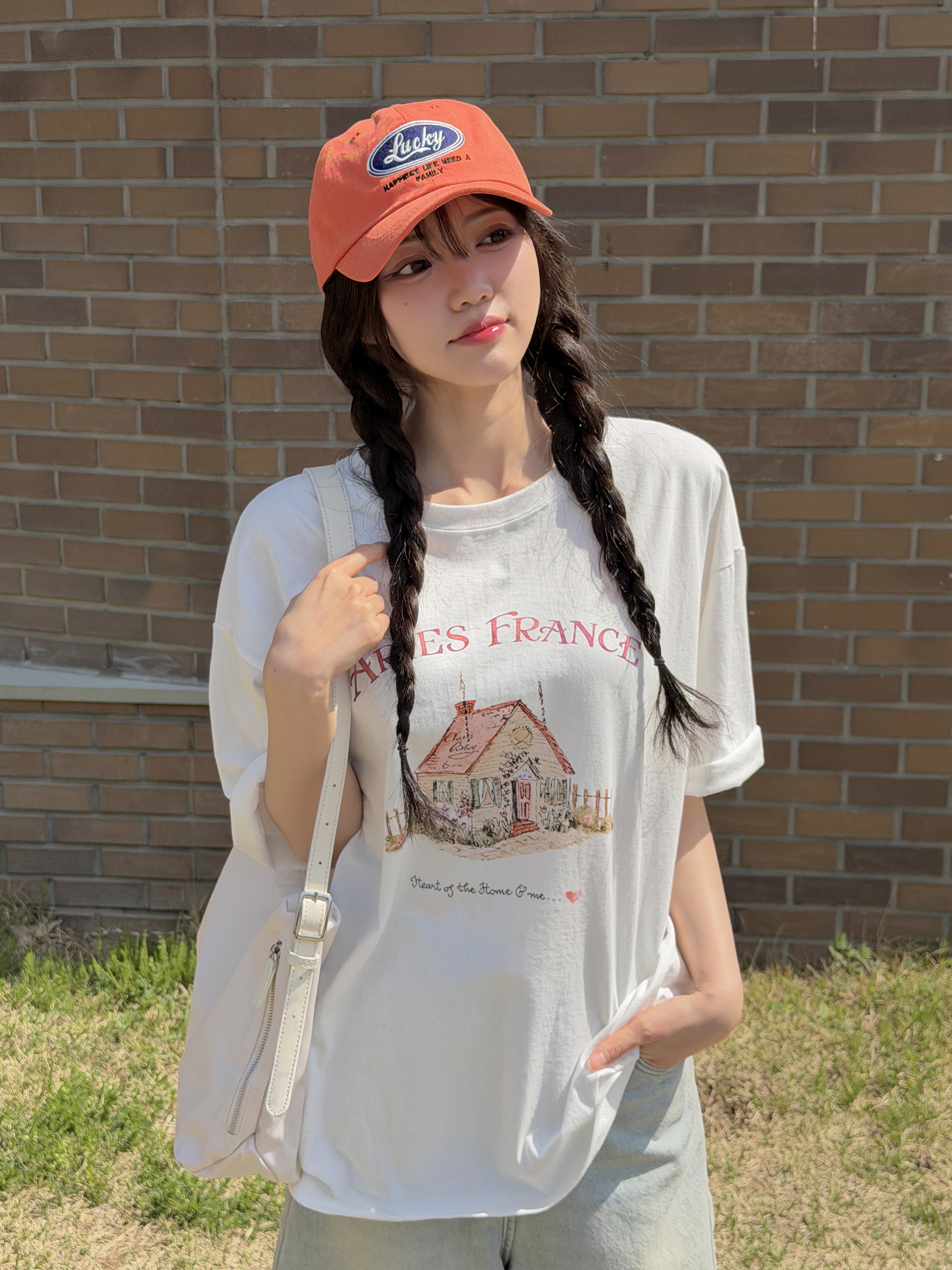 コットンラウンドネックオーバーサイズルーズ半袖ドロップショルダーレタリングプリントTシャツ | 詳細画像2