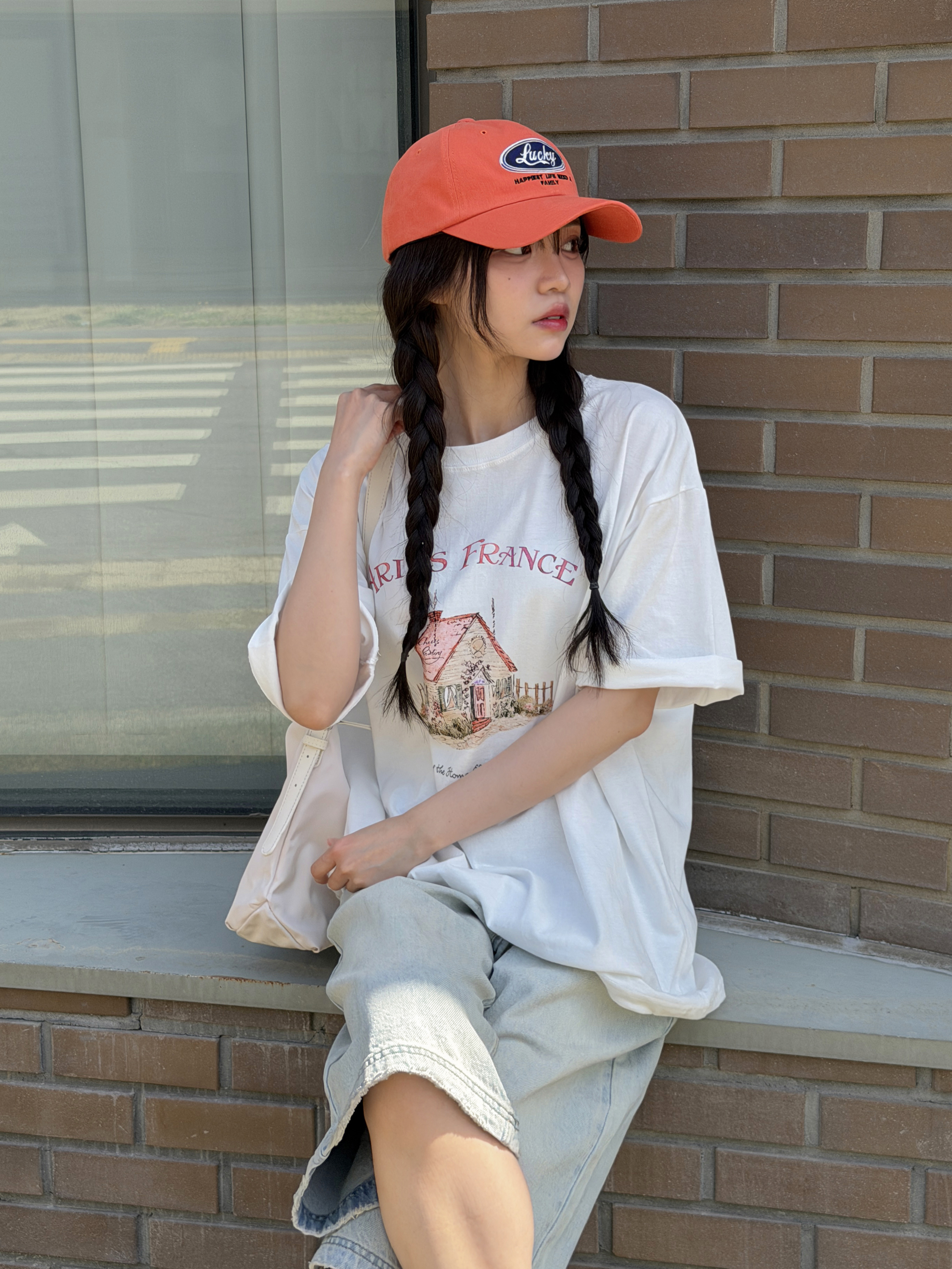 コットンラウンドネックオーバーサイズルーズ半袖ドロップショルダーレタリングプリントTシャツ | 詳細画像3
