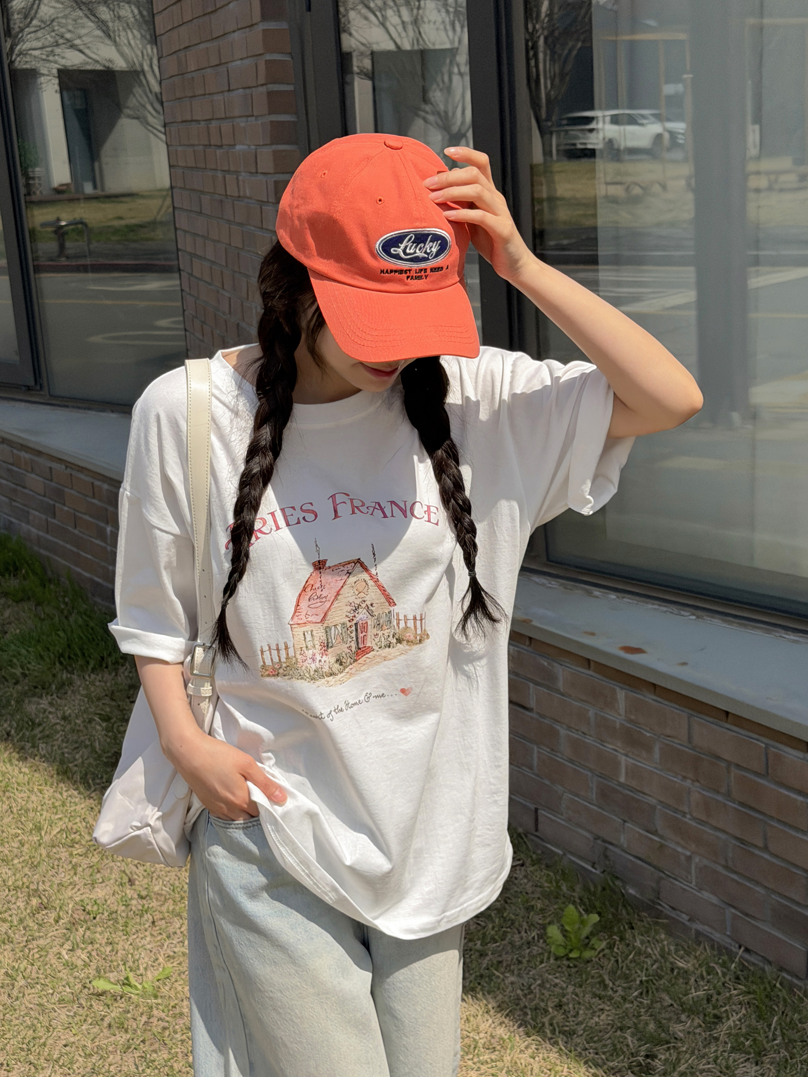 コットンラウンドネックオーバーサイズルーズ半袖ドロップショルダーレタリングプリントTシャツ | 詳細画像7