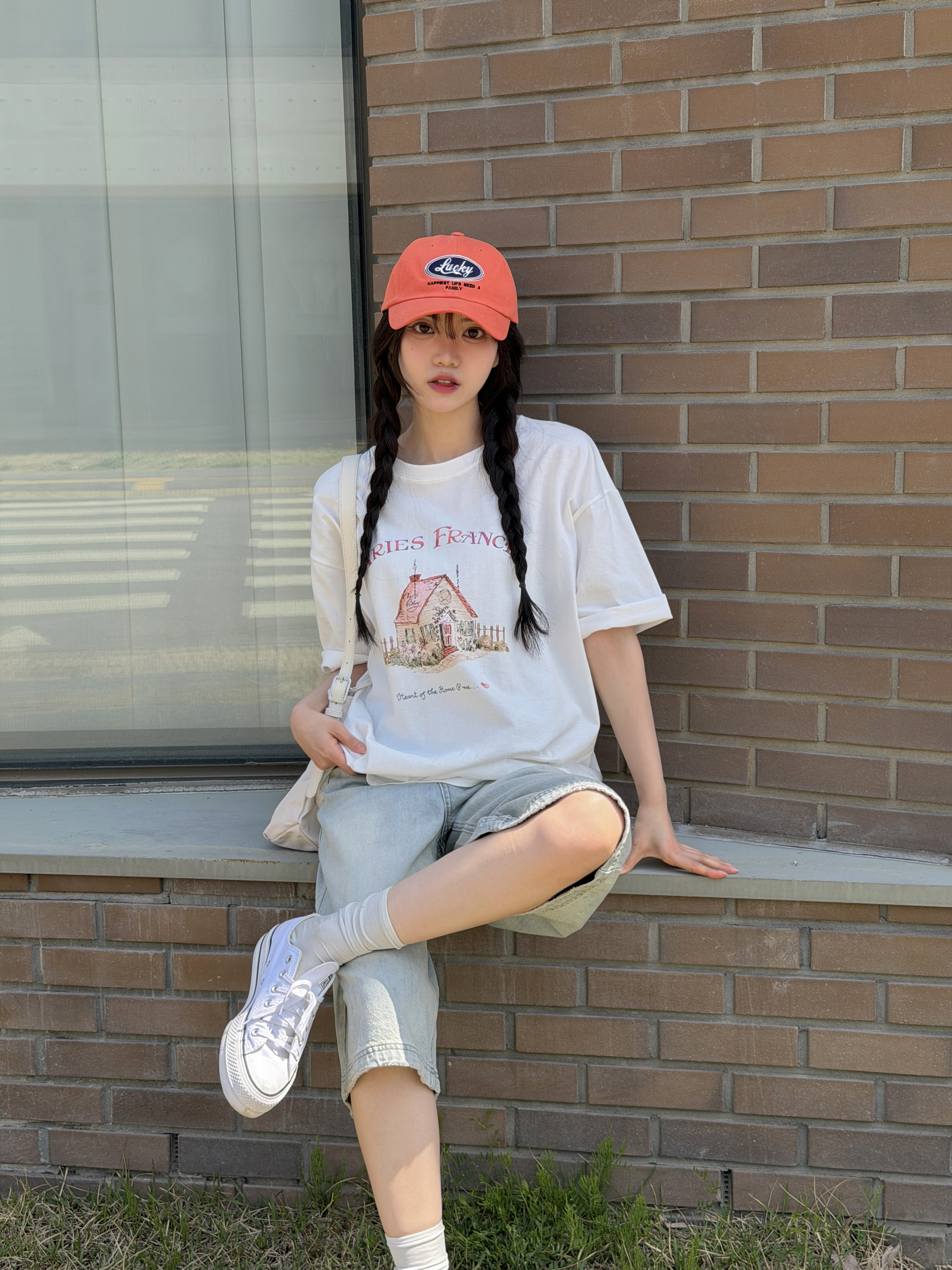 コットンラウンドネックオーバーサイズルーズ半袖ドロップショルダーレタリングプリントTシャツ | 詳細画像5