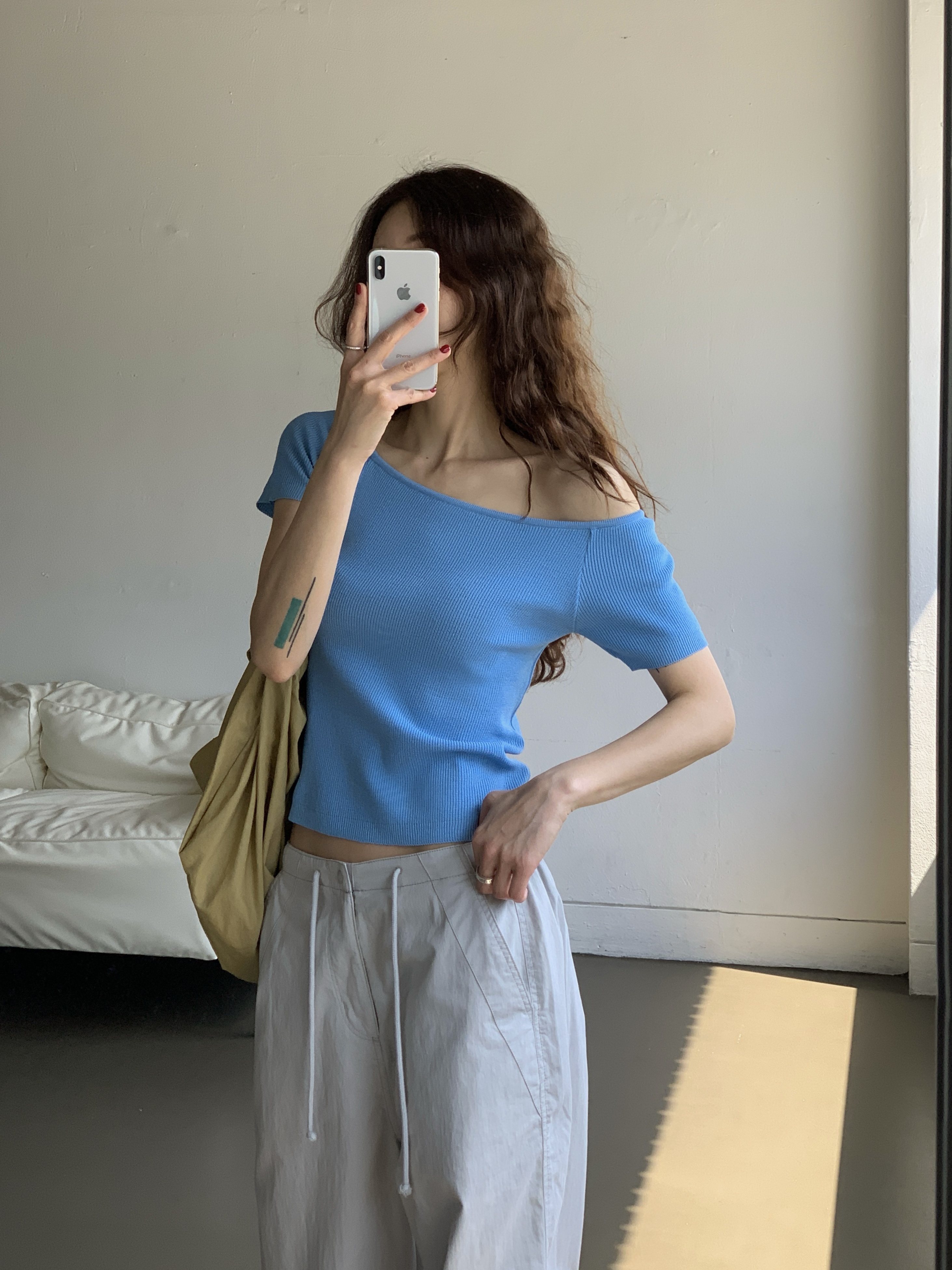 リブクールシンプルラグランスリム半袖ワイドネック無地ニット | 詳細画像2