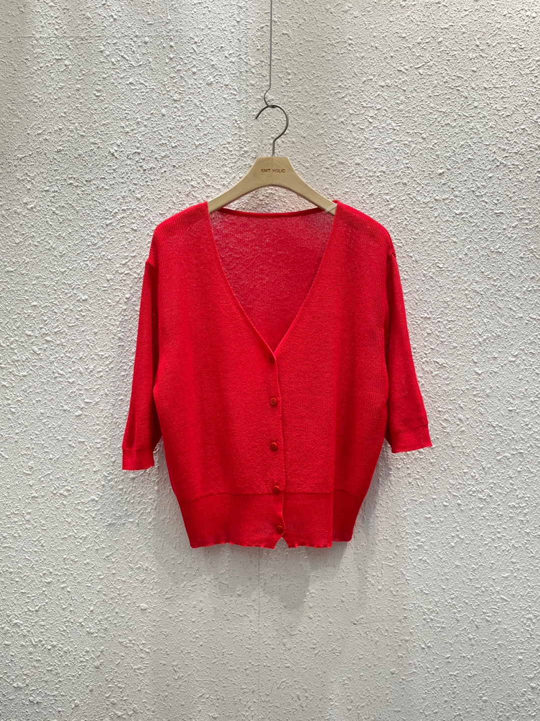 アクリルボタンVネックシンプル半袖セミクロップド無地カーディガン | 詳細画像8