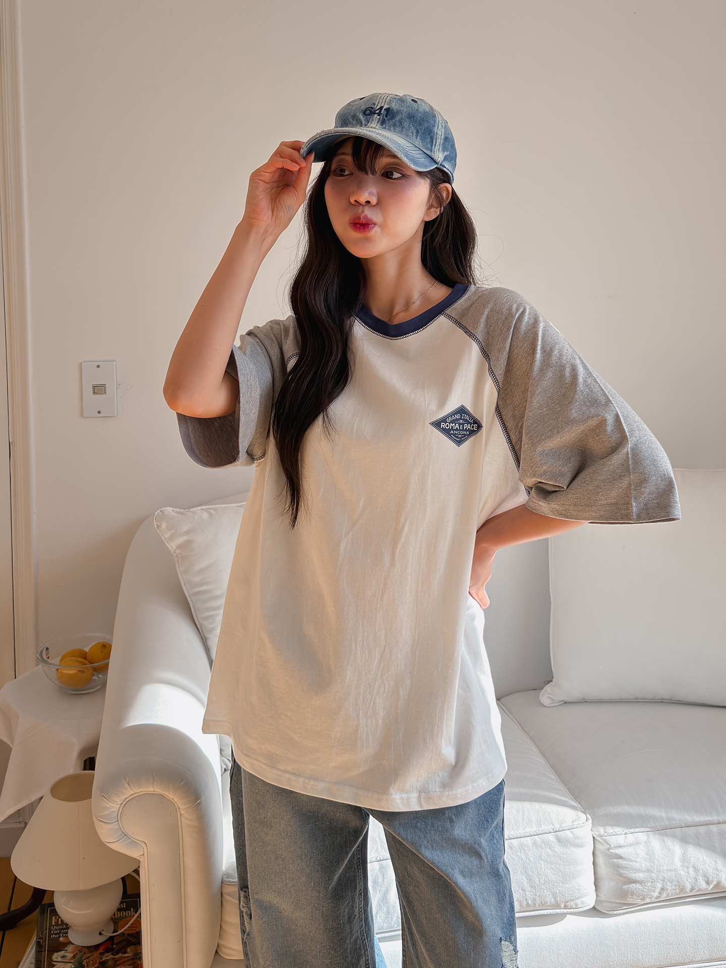 コットンラウンドネックラグランオーバーサイズルーズ半袖ロゴ配色Tシャツ | 詳細画像2