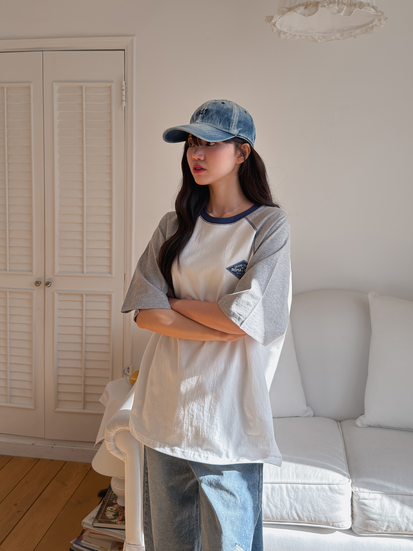 コットンラウンドネックラグランオーバーサイズルーズ半袖ロゴ配色Tシャツ | 詳細画像4