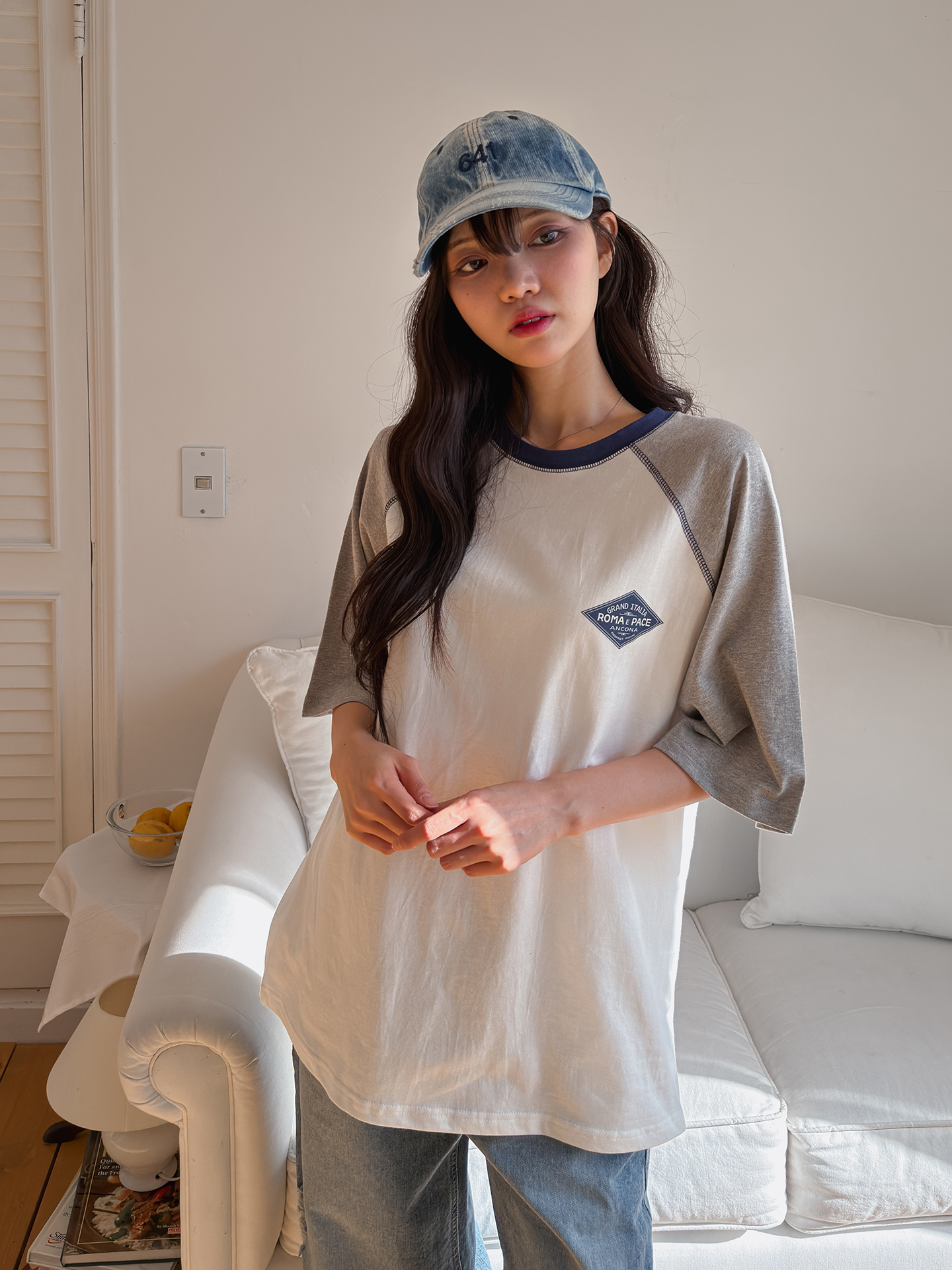 コットンラウンドネックラグランオーバーサイズルーズ半袖ロゴ配色Tシャツ | 詳細画像5