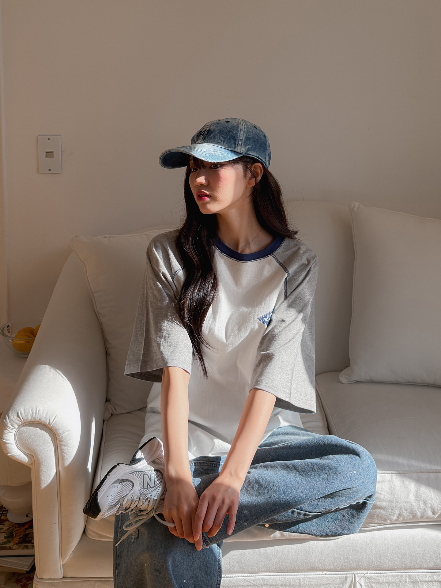 コットンラウンドネックラグランオーバーサイズルーズ半袖ロゴ配色Tシャツ | 詳細画像6