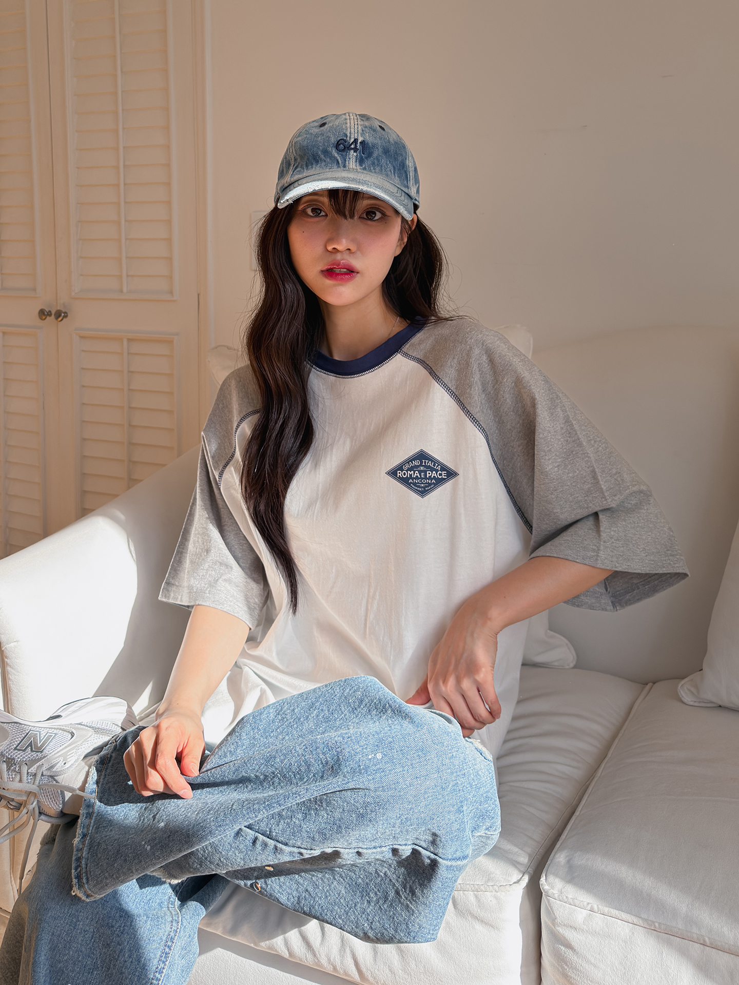 コットンラウンドネックラグランオーバーサイズルーズ半袖ロゴ配色Tシャツ | 詳細画像7