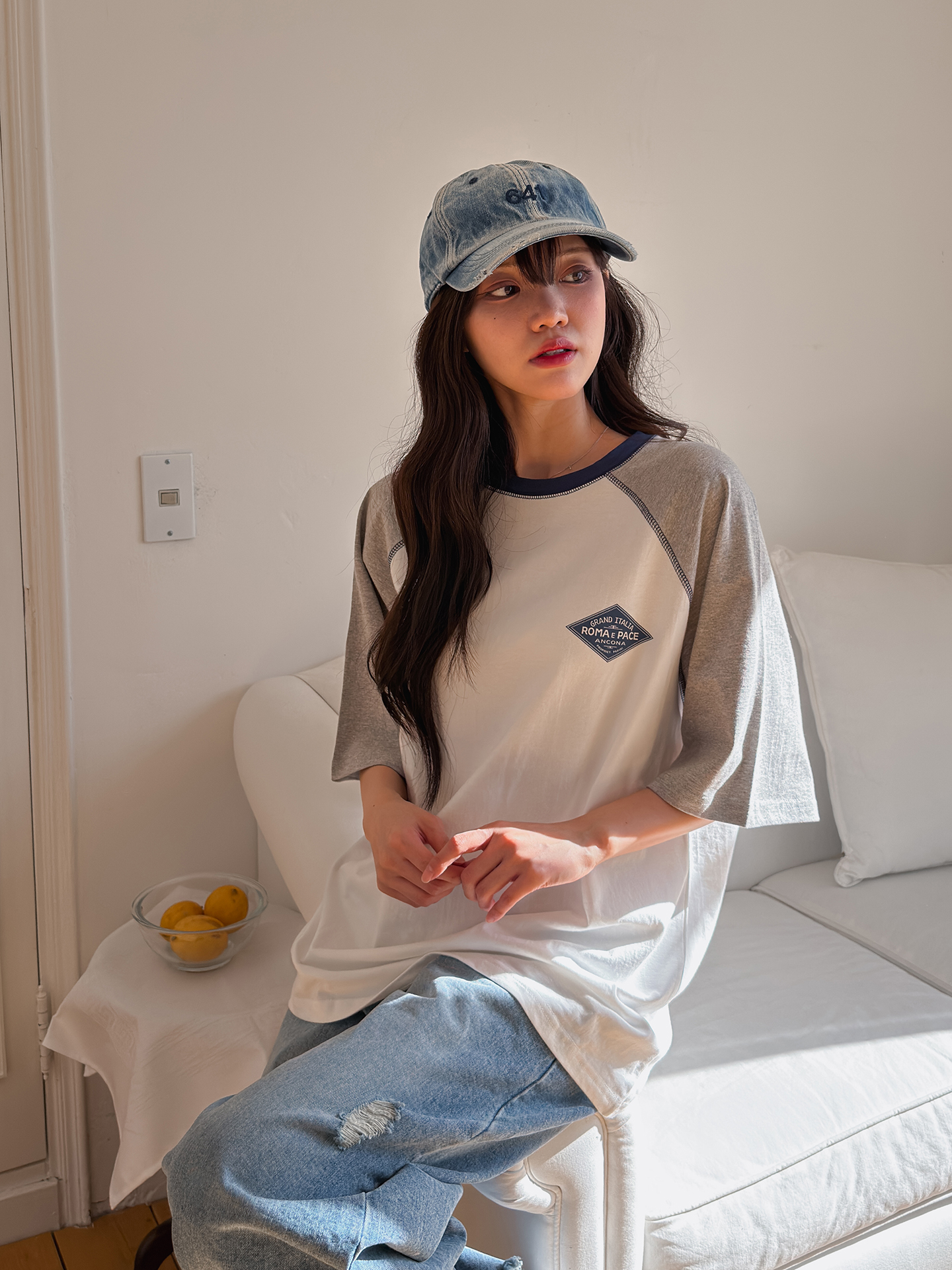 コットンラウンドネックラグランオーバーサイズルーズ半袖ロゴ配色Tシャツ | 詳細画像8
